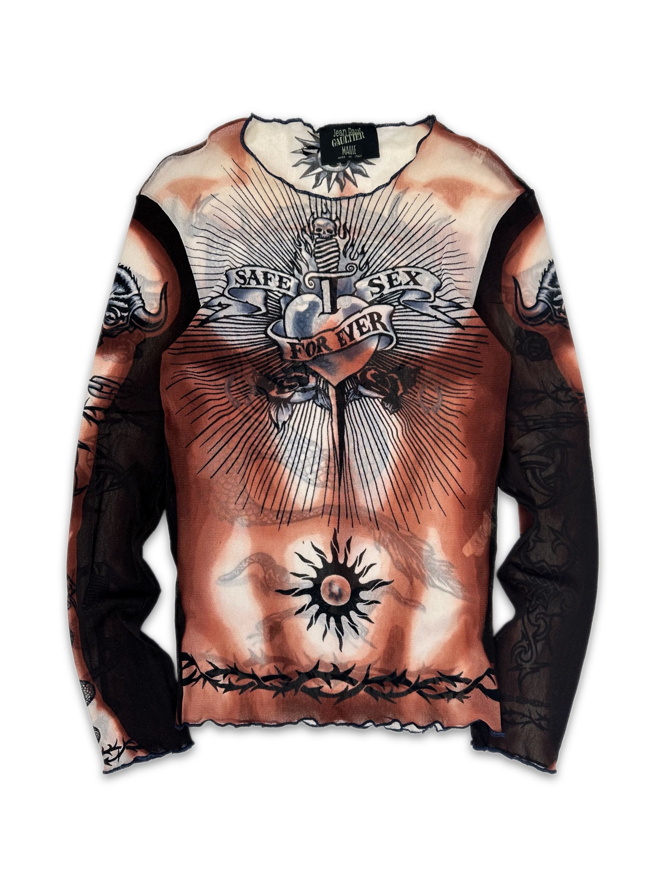 SS96 Jean Paul Gaultier ‘Safe Sex Forever’ Tattoo Mesh Long Sleeve