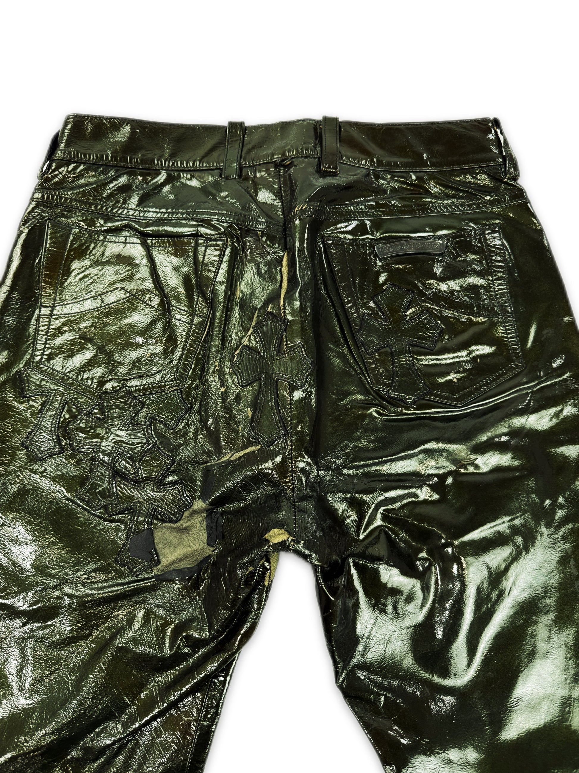 Chrome Hearts Green Galaxy Patent Leather Cross Patch Fleur Knee .925 Pants