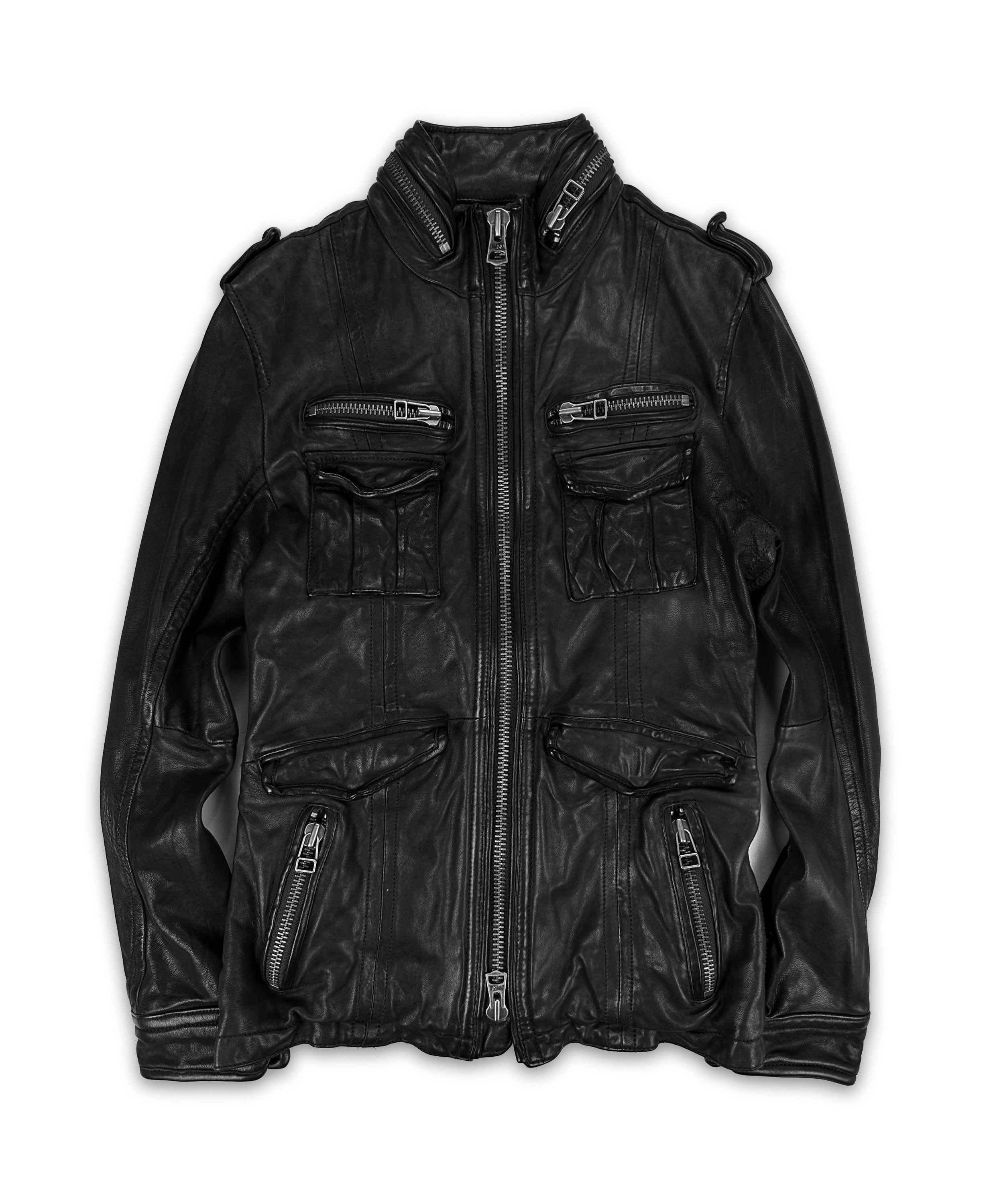 00s Tete Homme Black Leather Multi Pocket Biker Jacket