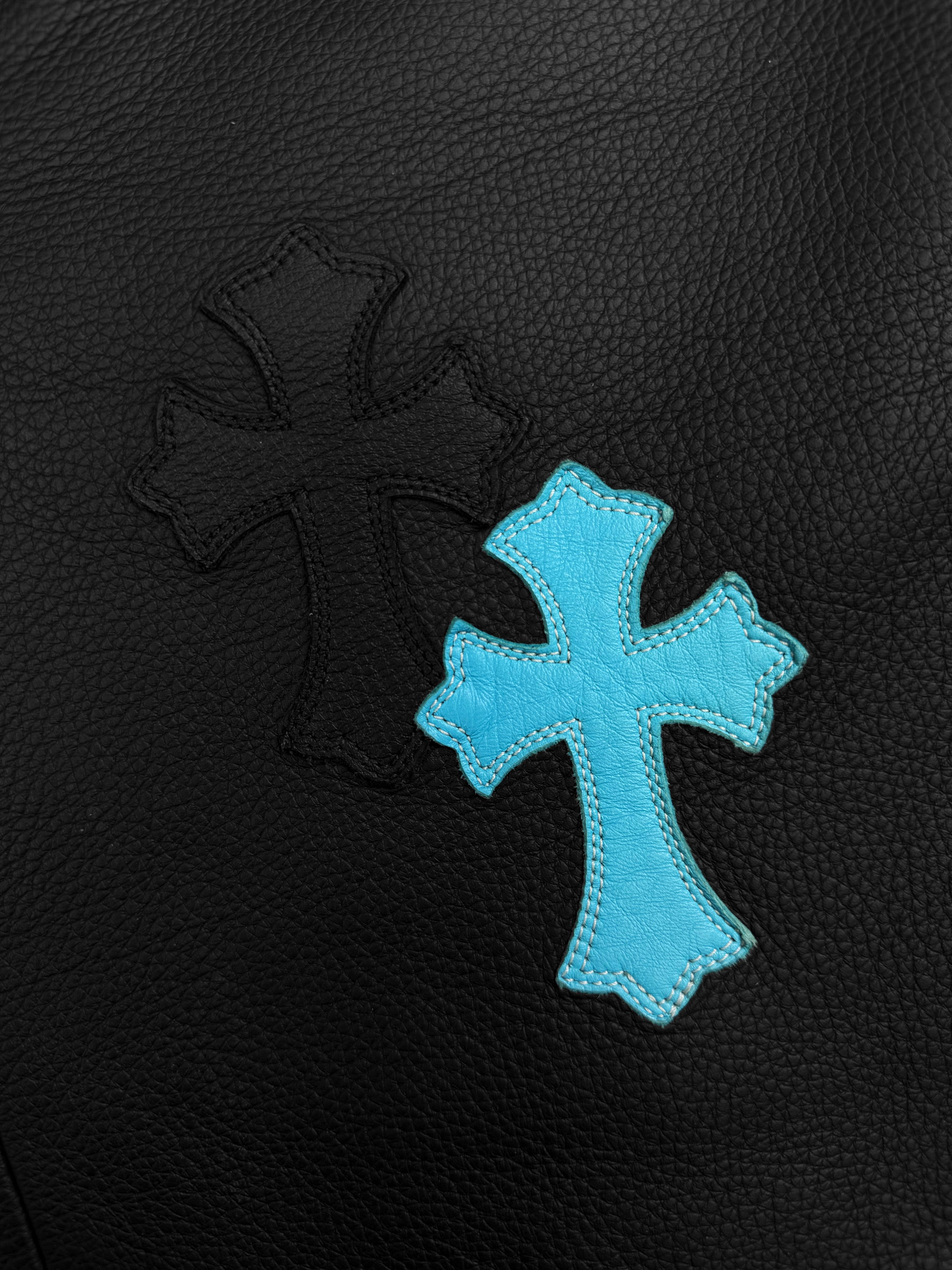 Chrome Hearts Baby Blue Cross Patch Leather Pants