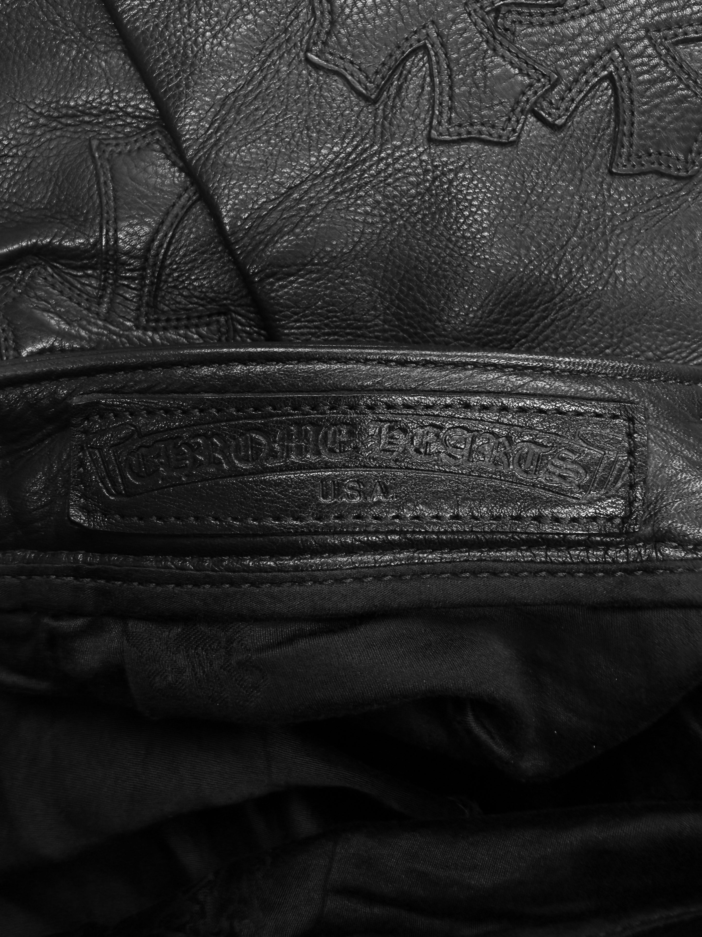 Chrome Hearts 34 Cross Patch Black Leather Fleur Knee Pants