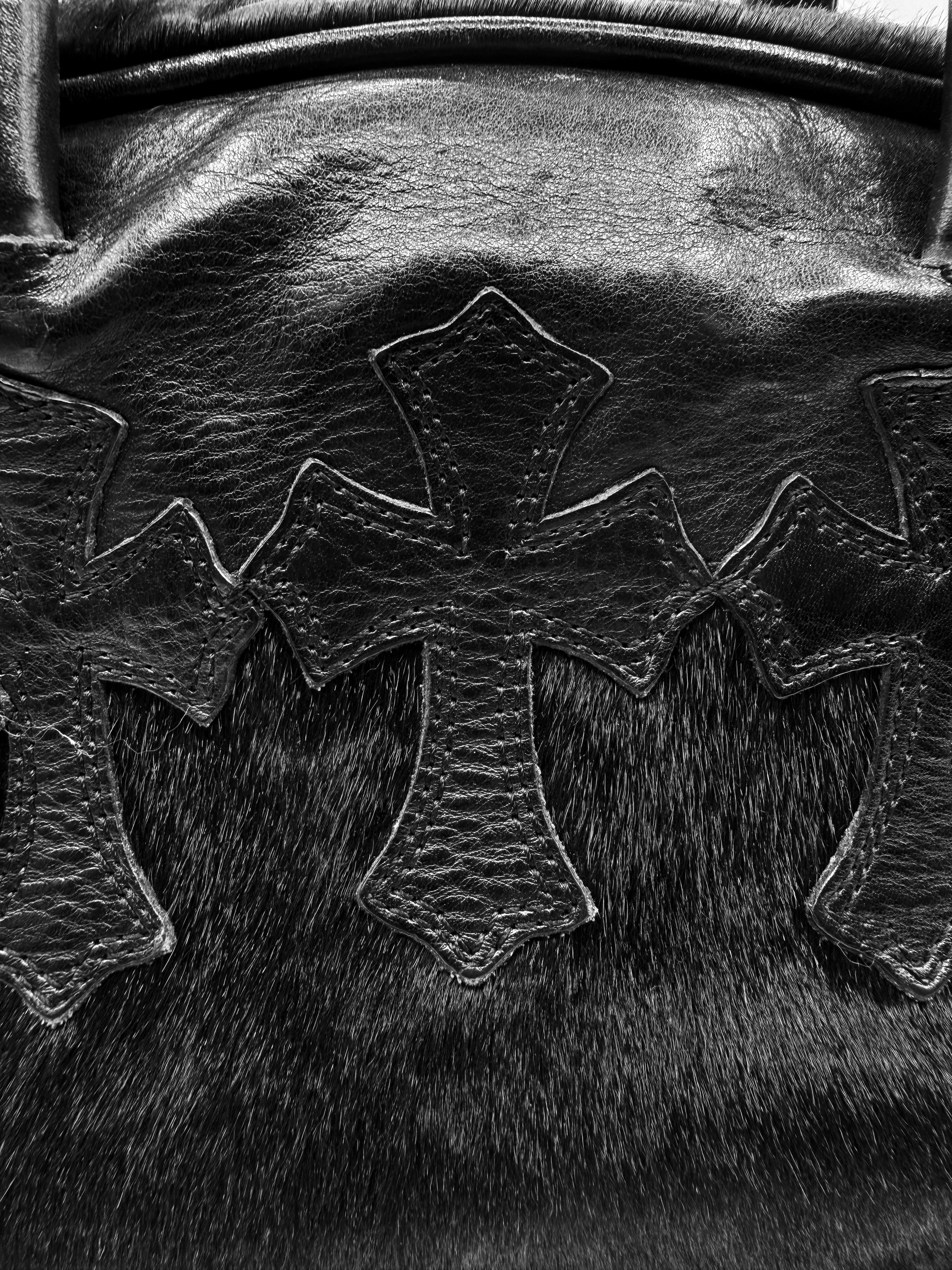 Chrome Hearts Cemetery Cross Patch Black Pony Hair Leather Gym Bag