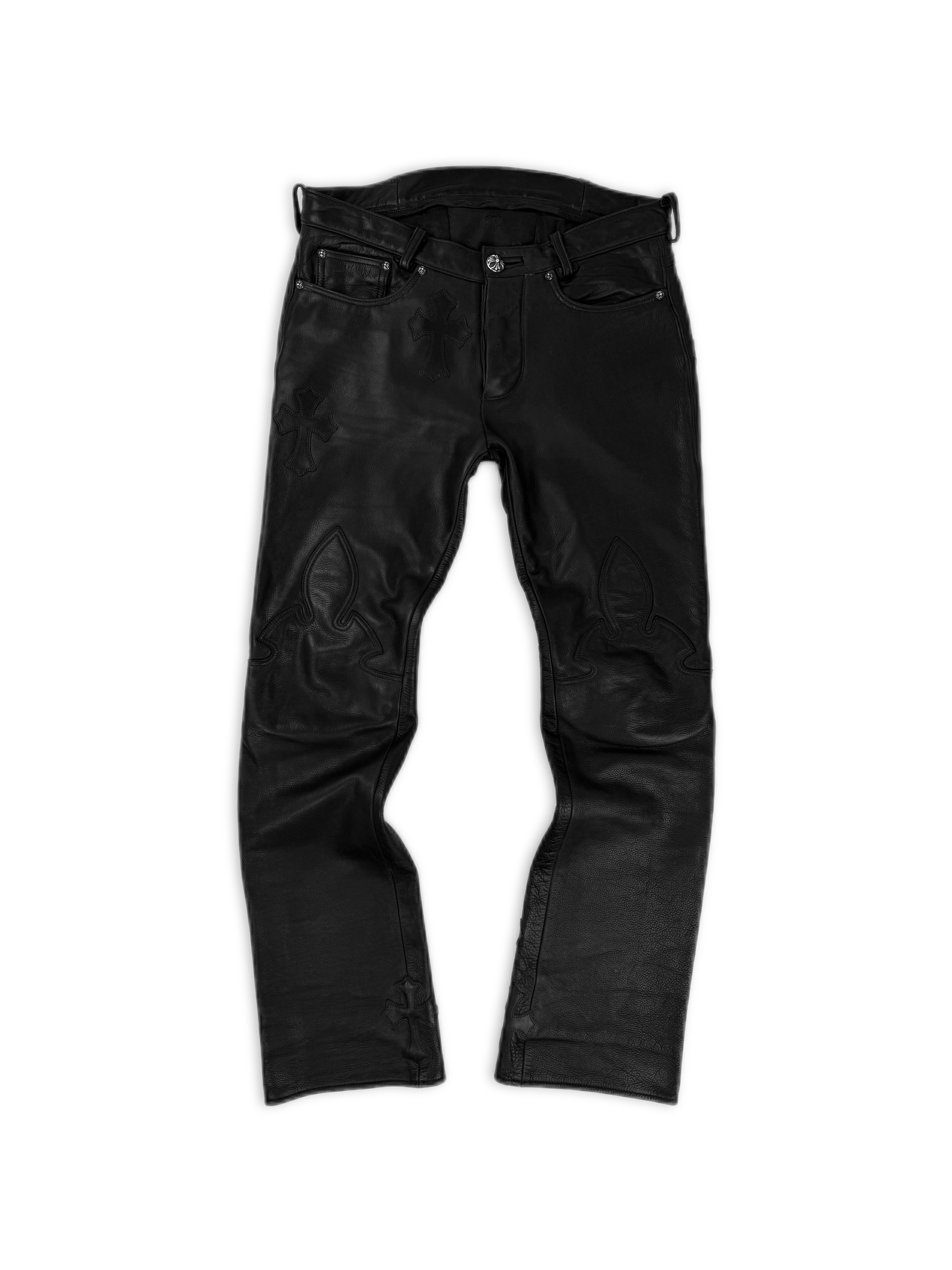 Chrome Hearts 30 Cross Patch Back Buckle Gunslinger Leather Fleur Knee Pants