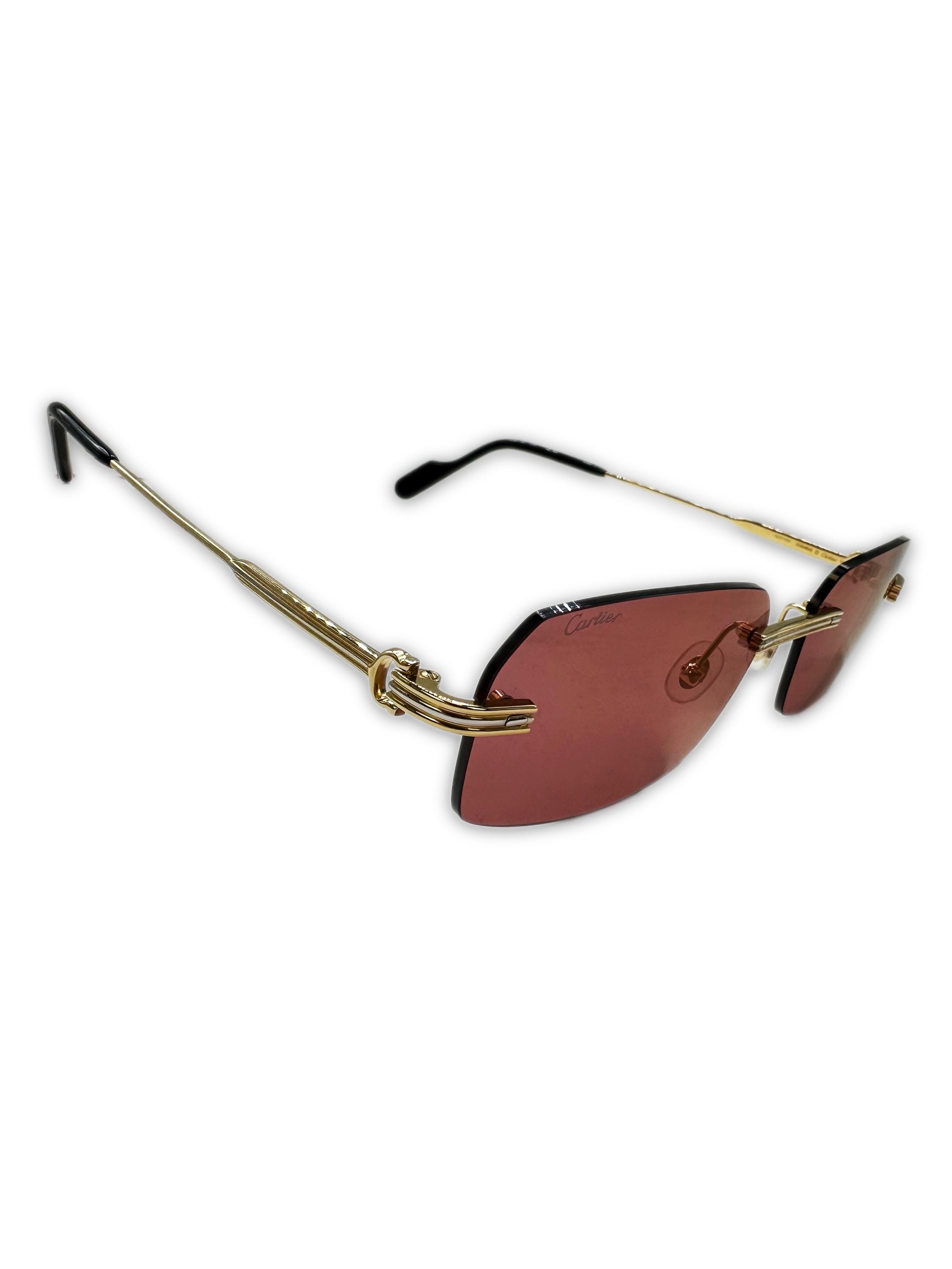 Cartier Gold Wire Frame Rimless Red Tint Sunglasses