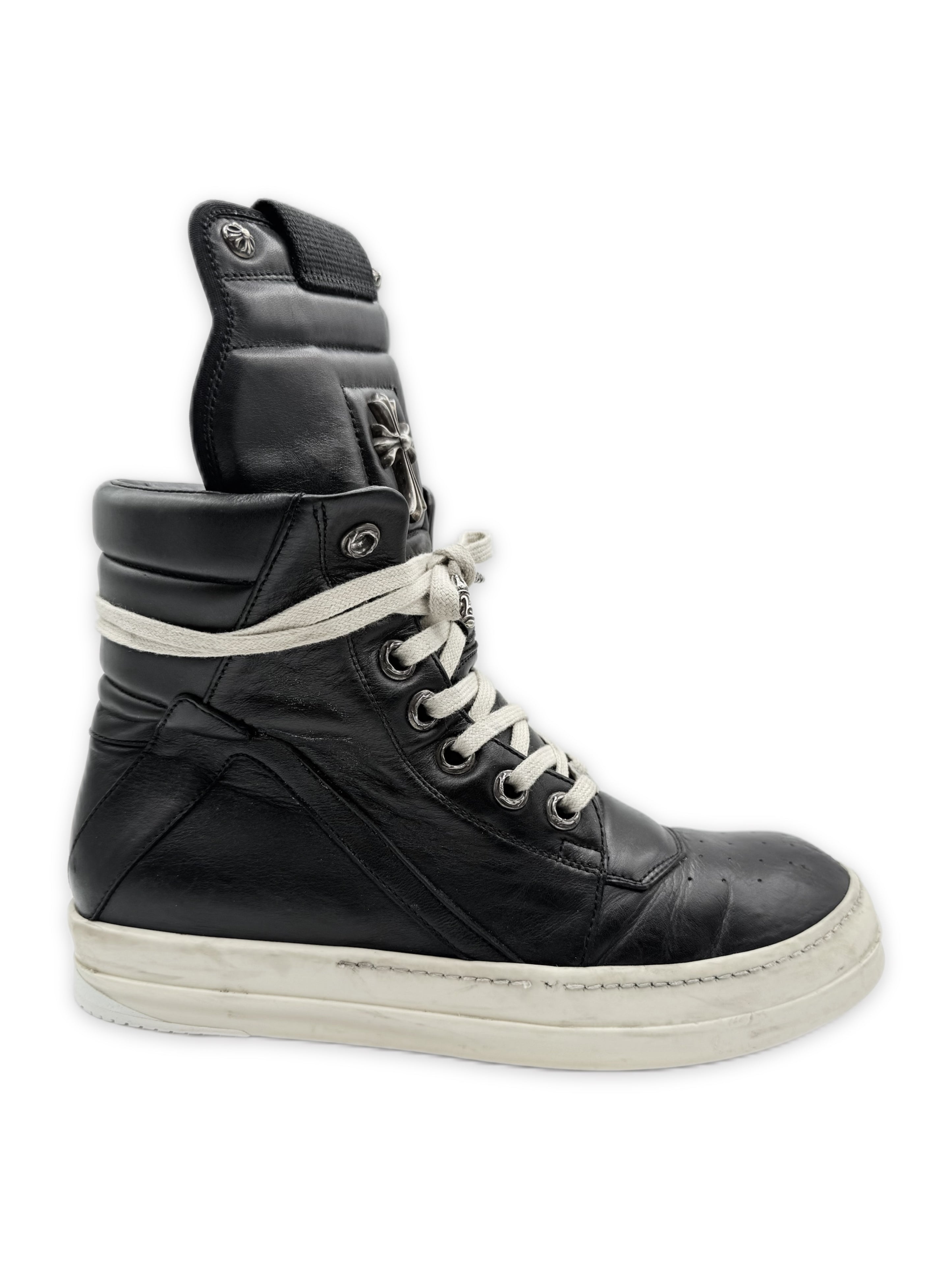 Chrome Hearts x Rick Owens Cross Dagger Hi-top Leather Geobasket Sneakers