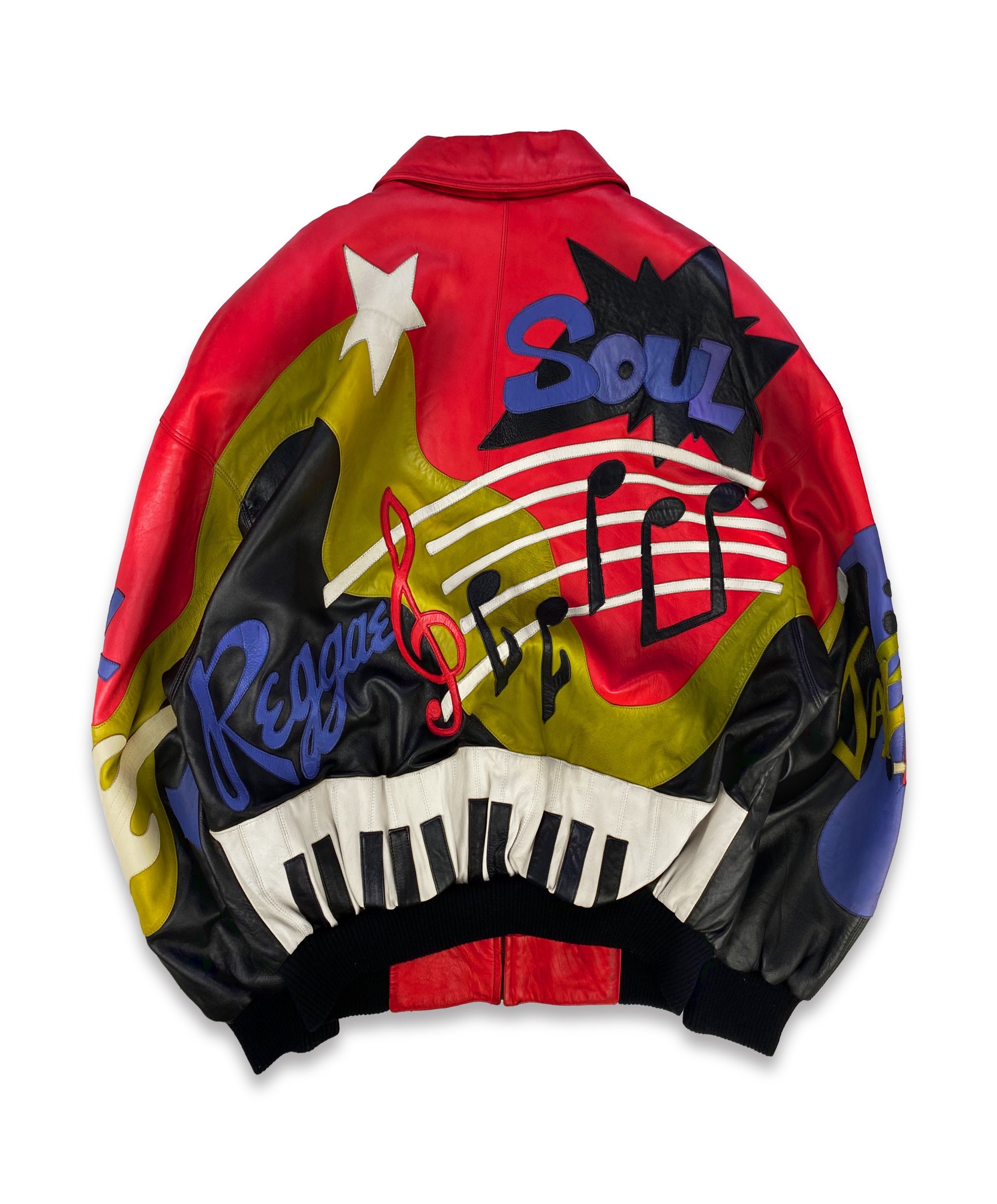 80s Pelle Pelle ‘Soul Music’ Leather Patchwork Collared Bomber Jacket