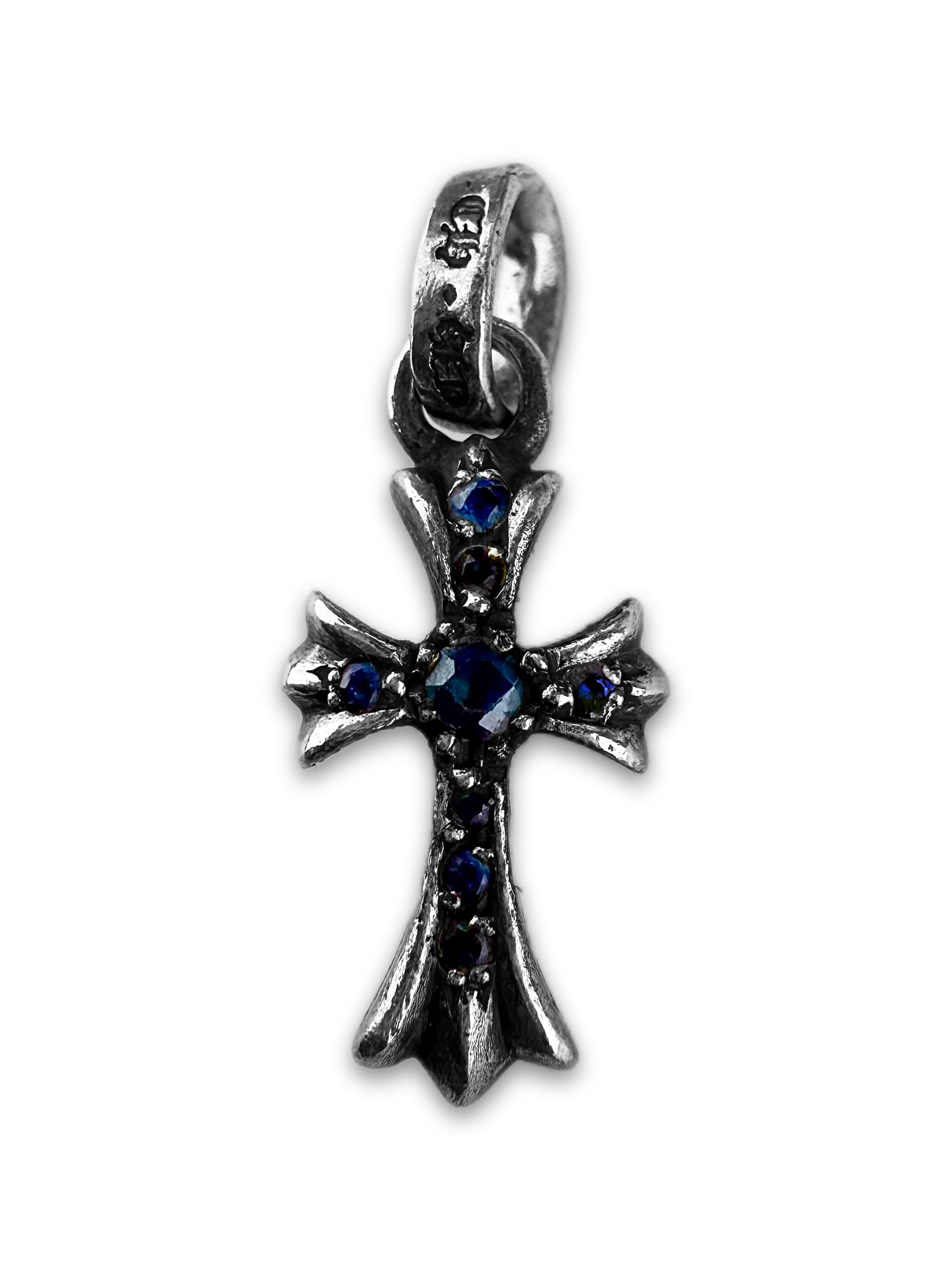 Chrome Hearts Blue Sapphire Pavé ‘Baby Fat’ Silver Cross Pendant