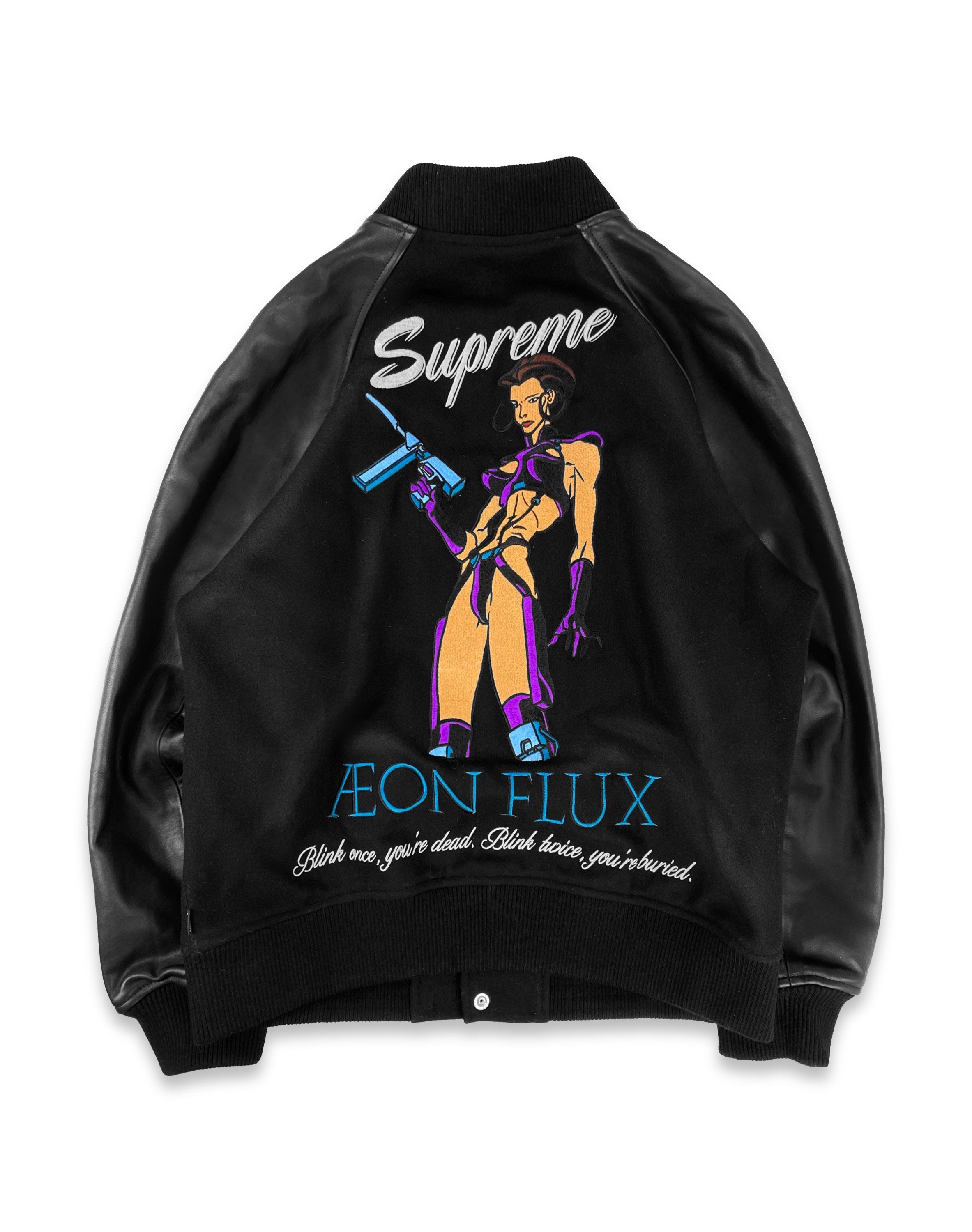 SS22 Supreme x Æon Flux ‘Blink Once’ Black Leather Varsity Jacket
