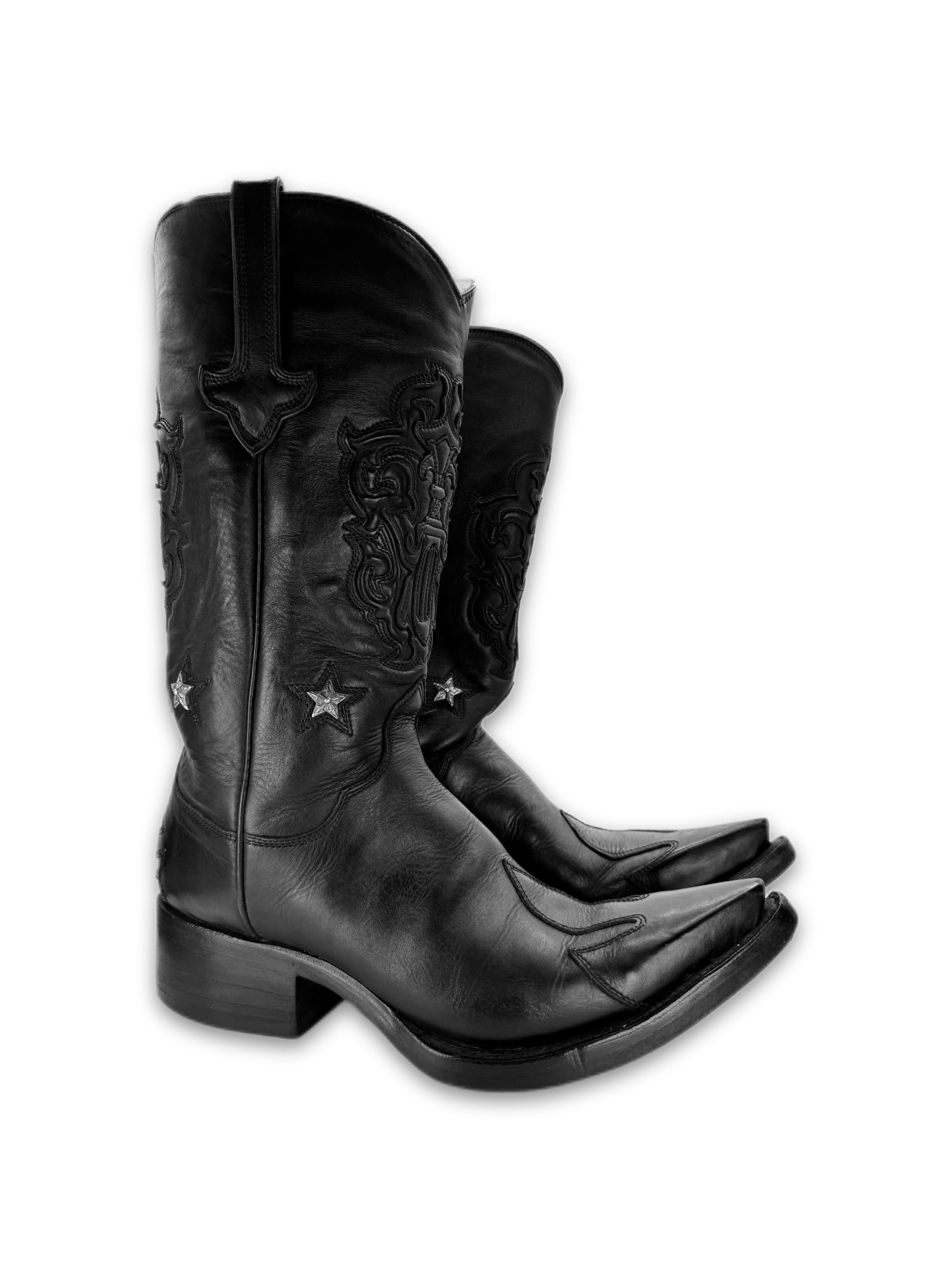 Chrome Hearts Western Star Black Leather Dagger Cowboy Boots