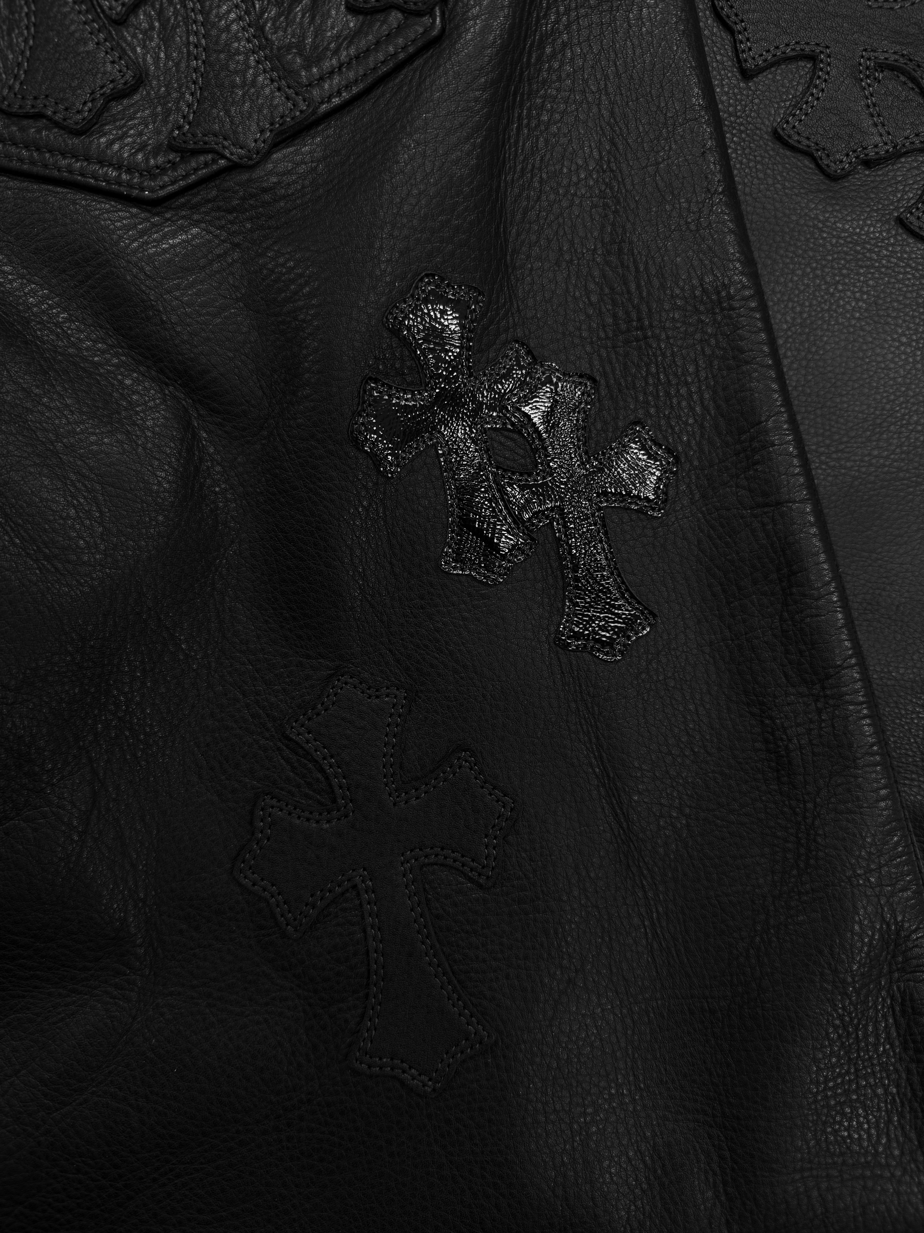 Chrome Hearts 48 Cross Star Patch Fleur Knee Leather Pants