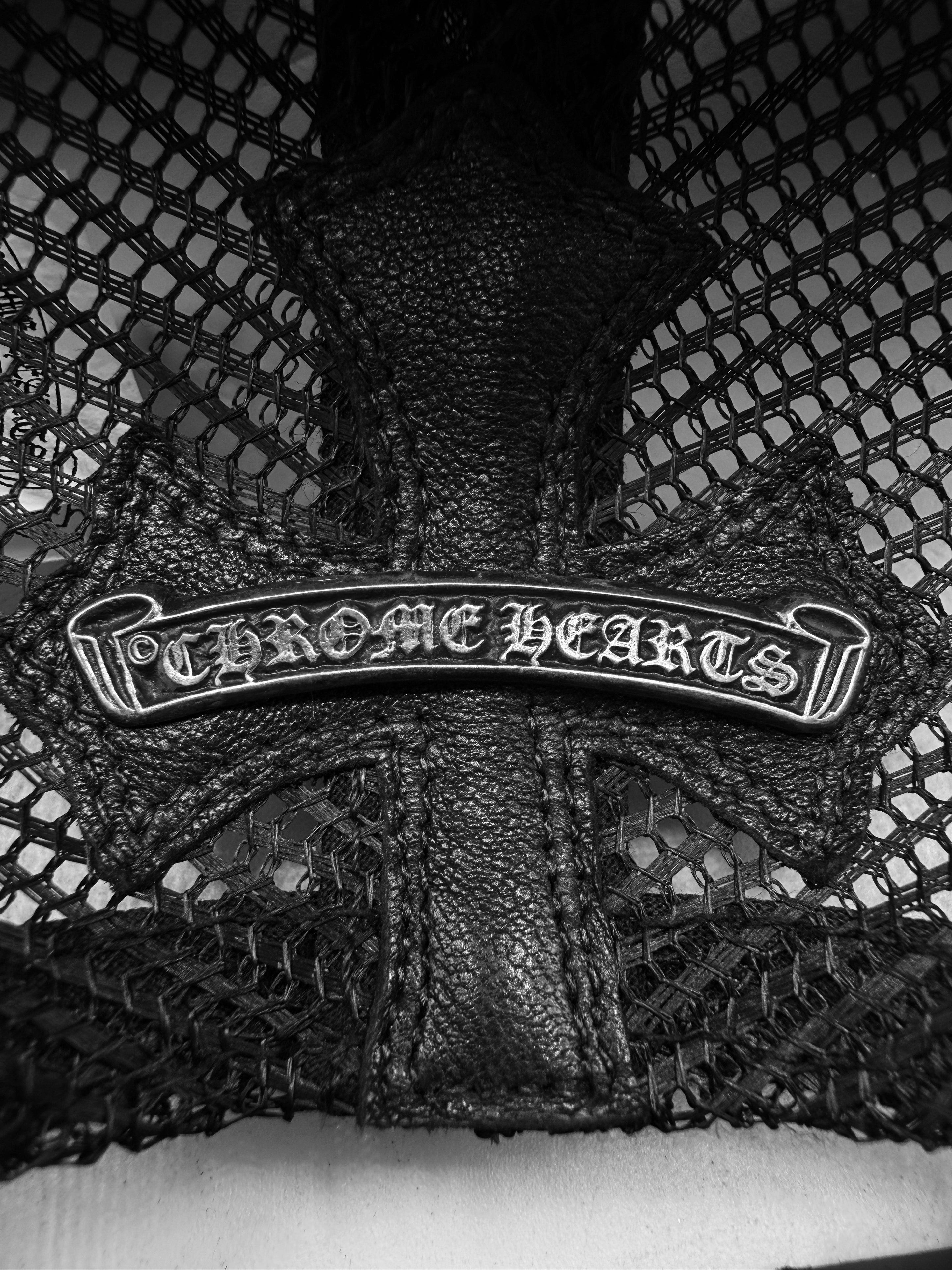 Chrome Hearts Cemetery Cross Patch Leather .925 Silver Scroll Trucker Hat