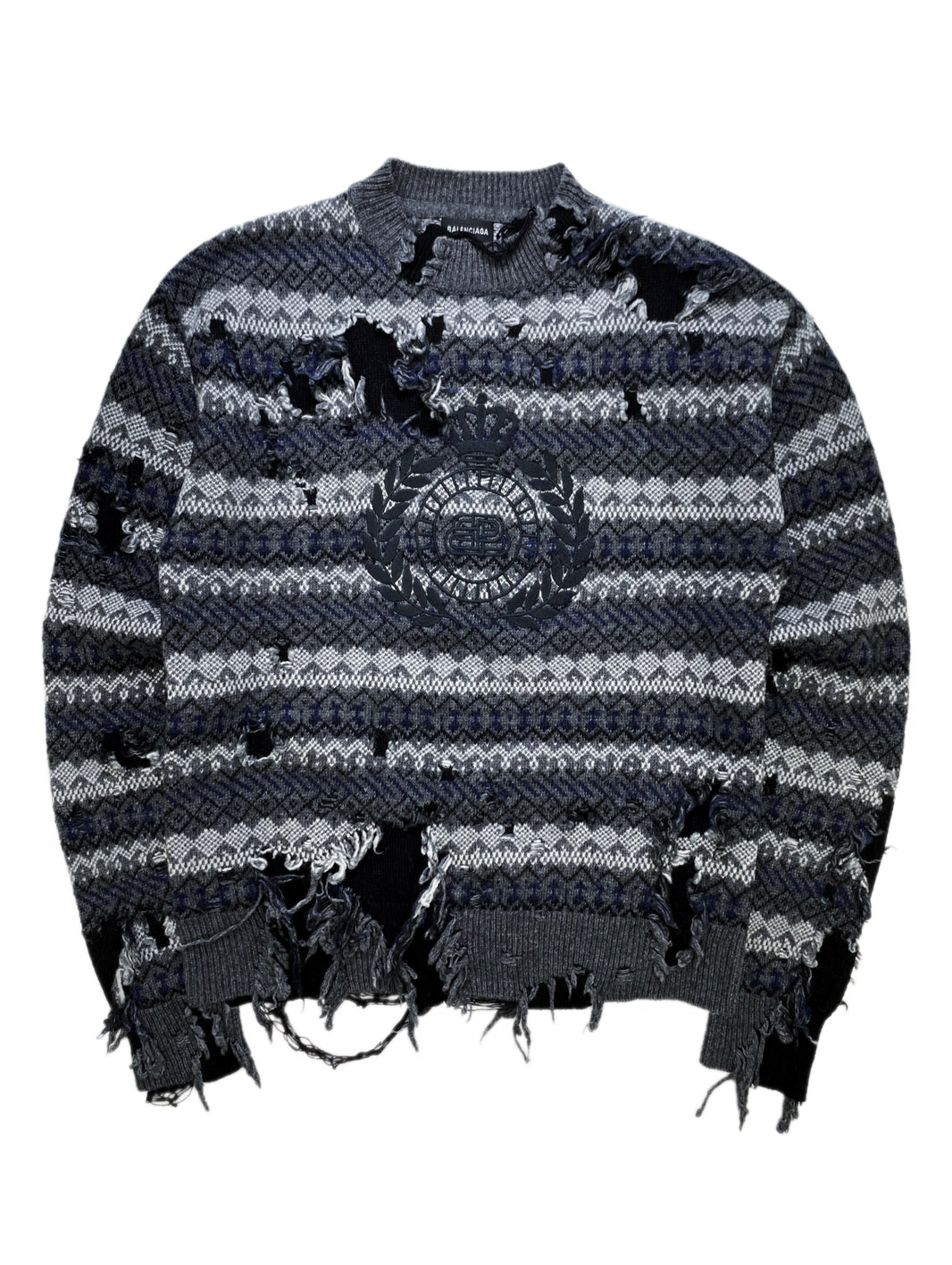 AW21 Balenciaga Fair Isle Destroyed Knitted UN Logo Sweater