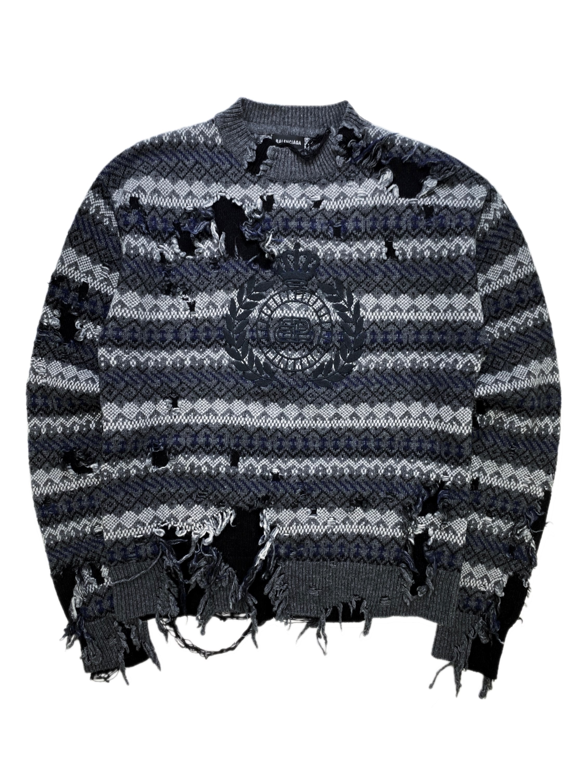 AW21 Balenciaga Fair Isle Destroyed Knitted UN Logo Sweater