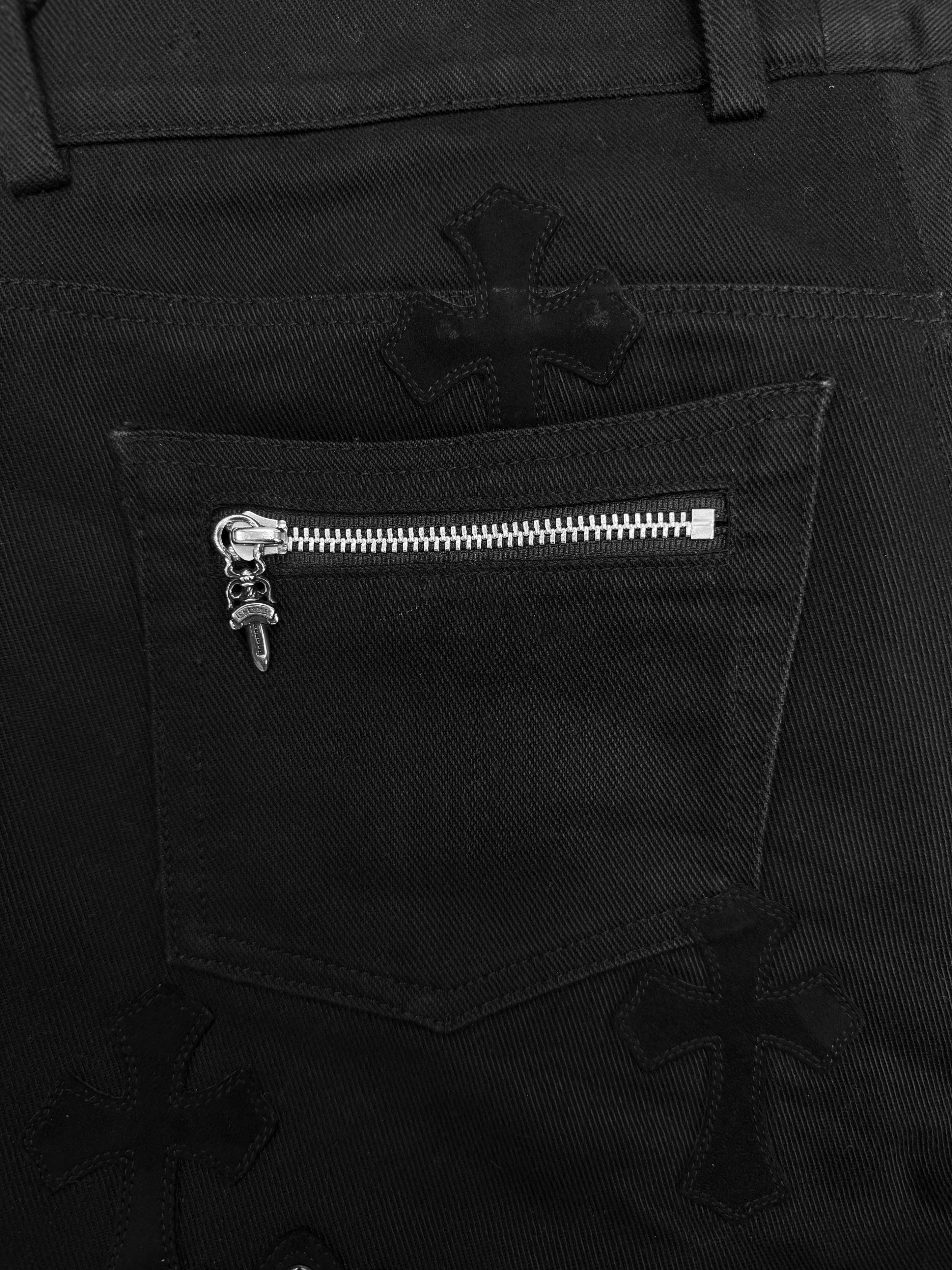 Chrome Hearts XL 46 Silver Cross Patch Fleur Knee Suede Black Denim