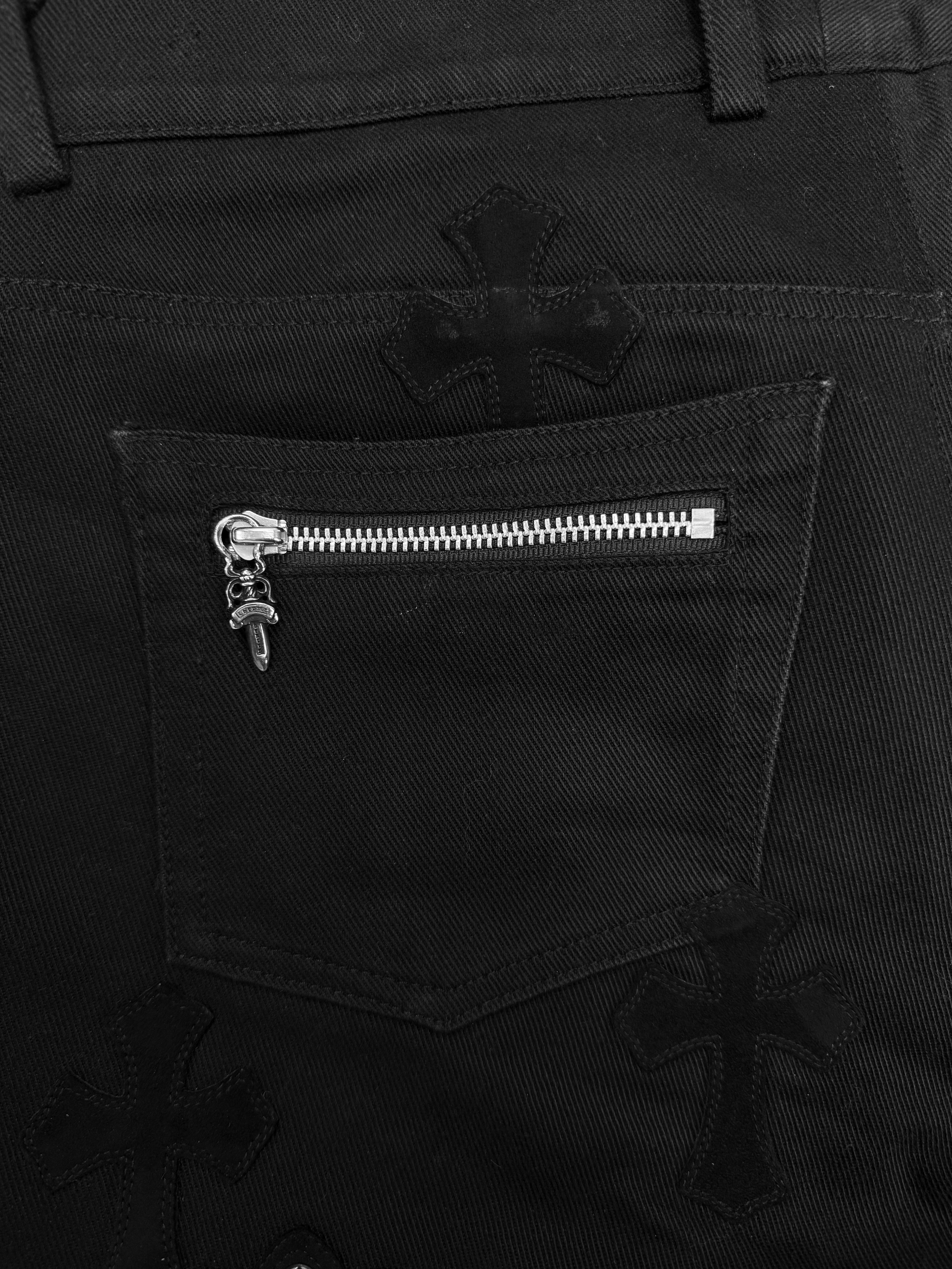 Chrome Hearts XL 46 Silver Cross Patch Fleur Knee Suede Black Denim