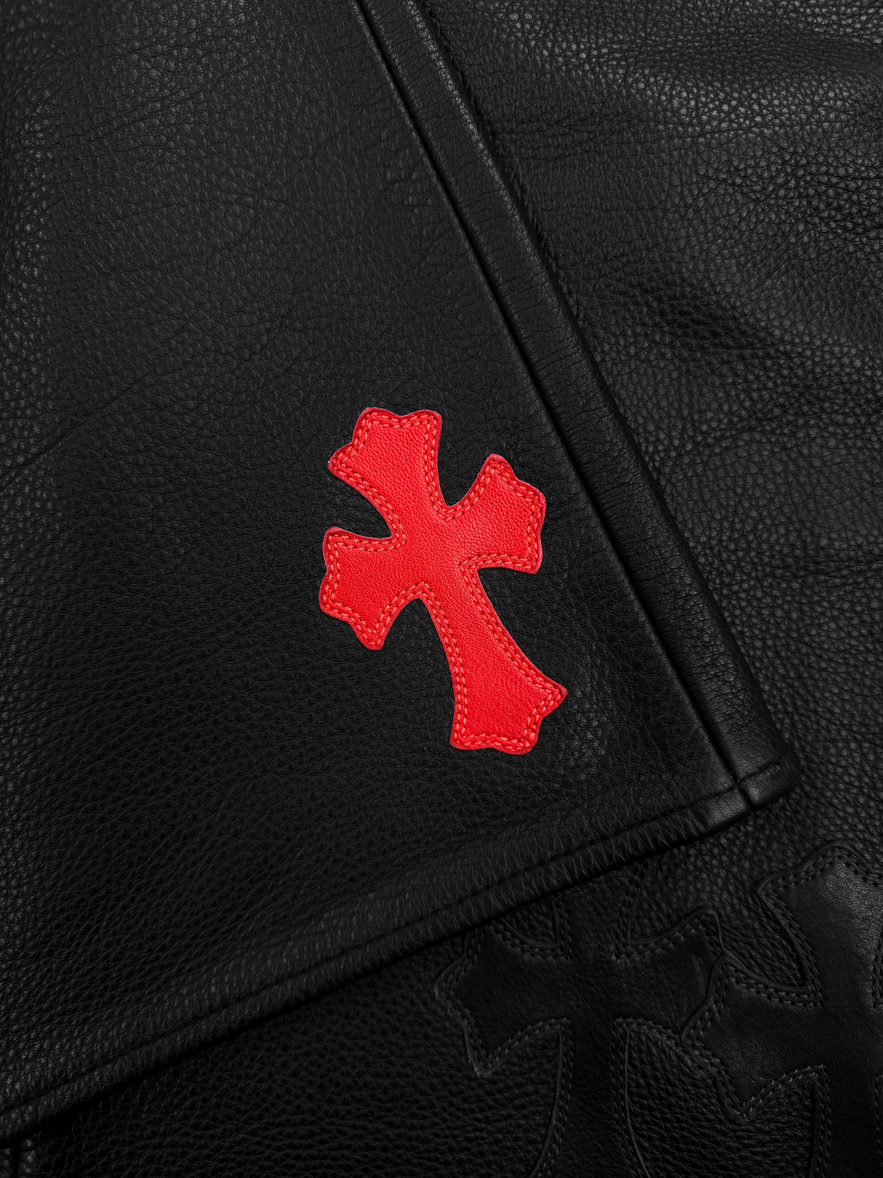 Chrome Hearts 20 Red Cross Patch Black Leather Fleur Knee Pants
