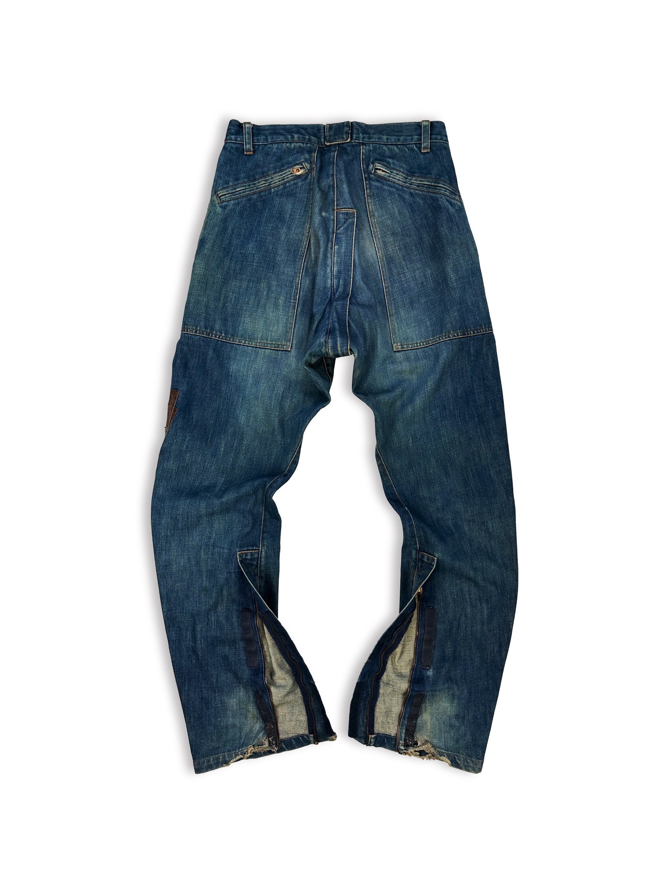 Mihara Yasuhiro Full Crotch Zip Leather Patched Flared Denim