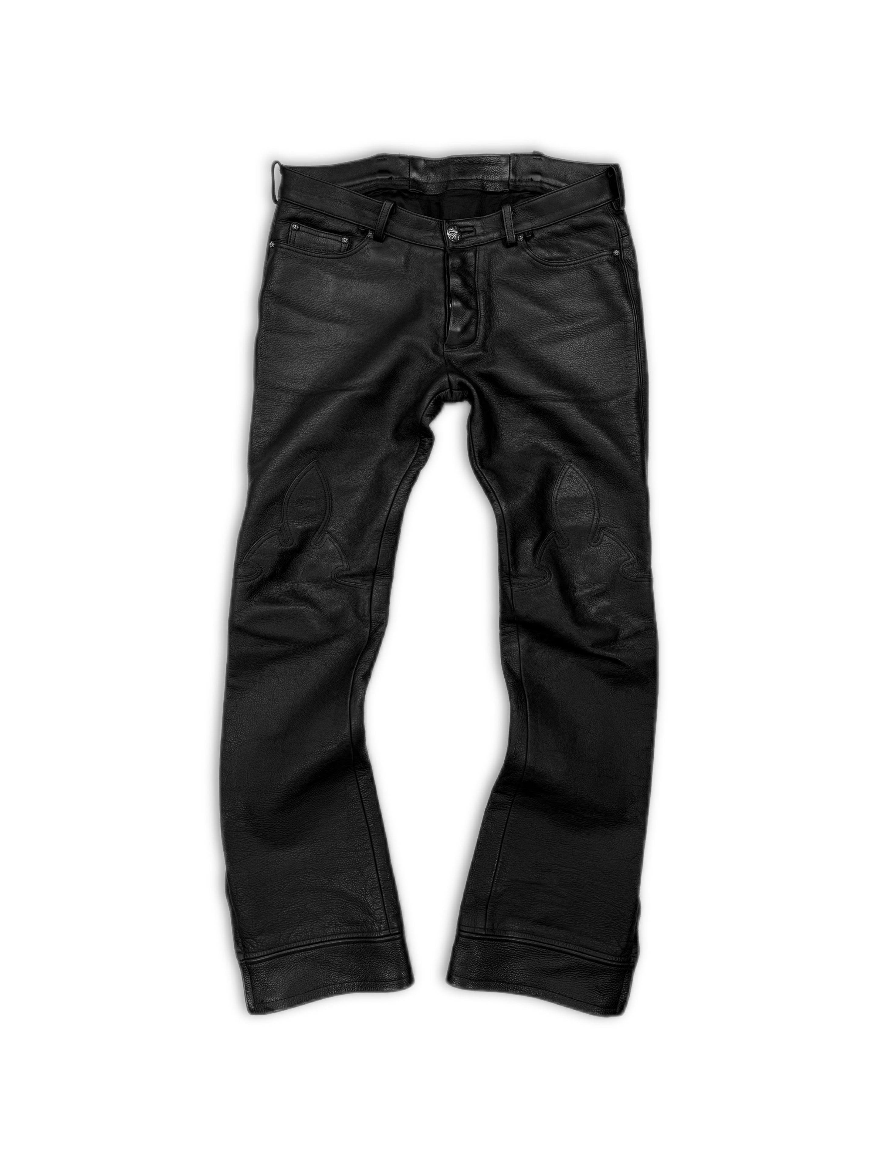 Chrome Hearts Fleur Knee Black Calfskin Leather Flared Pants