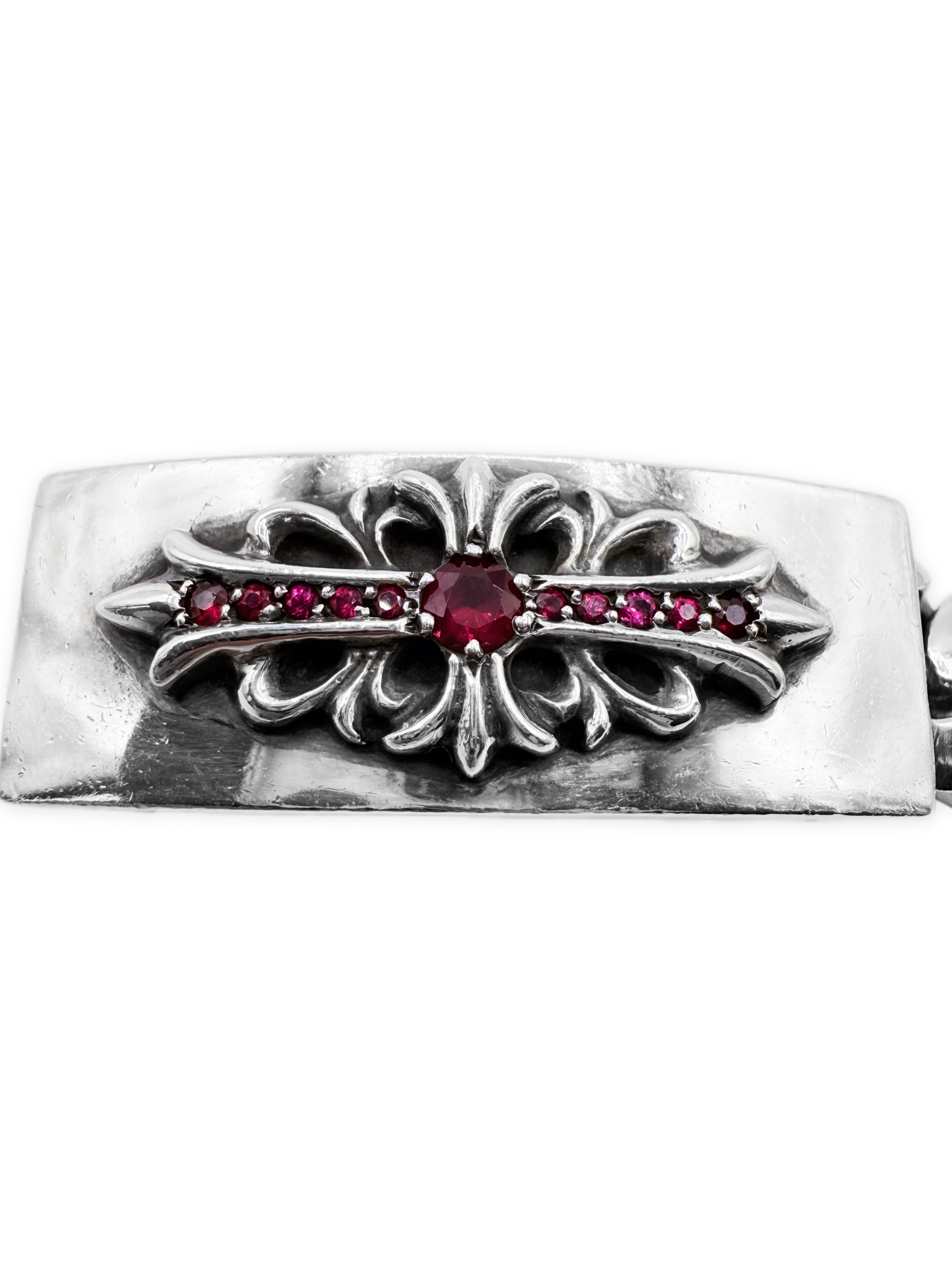 Chrome Hearts Ruby Pavé Factory Set Floral .925 Silver ID Bracelet