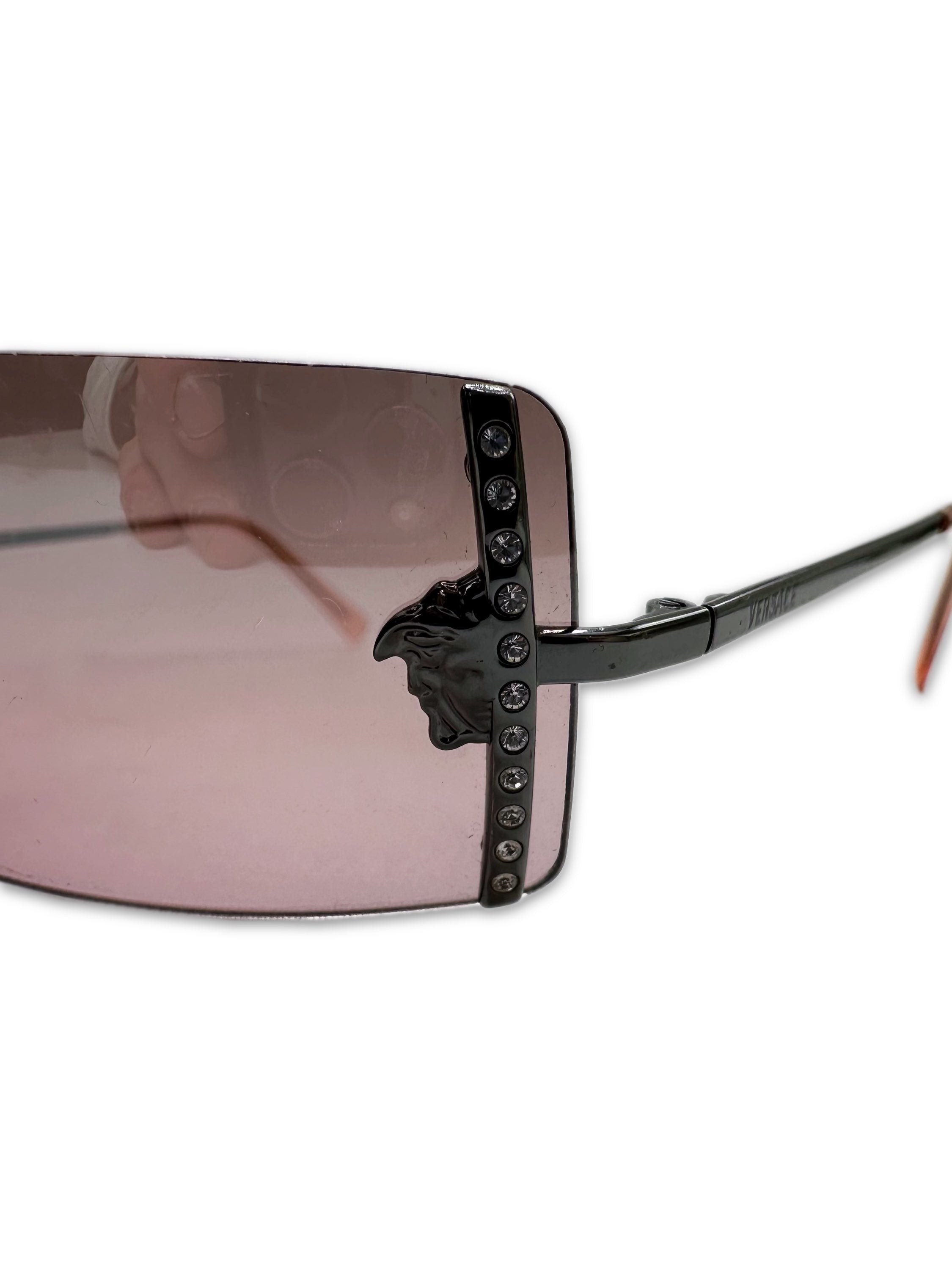 00s Versace Pink Tint ‘Medusa’ Logo Rimless Sunglasses