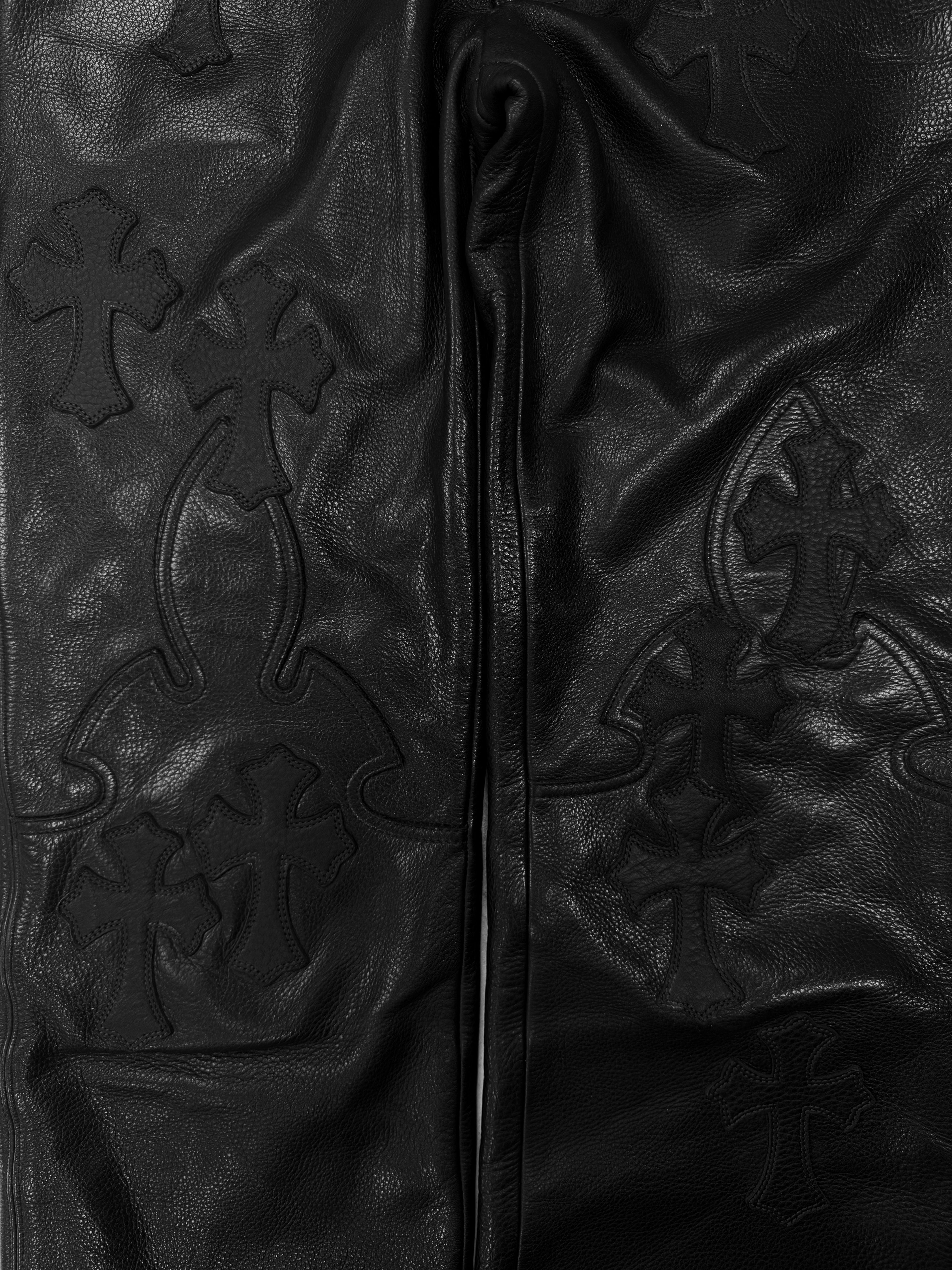 Chrome Hearts Pink 19 Cross Patch Black Leather Fleur Knee Pants