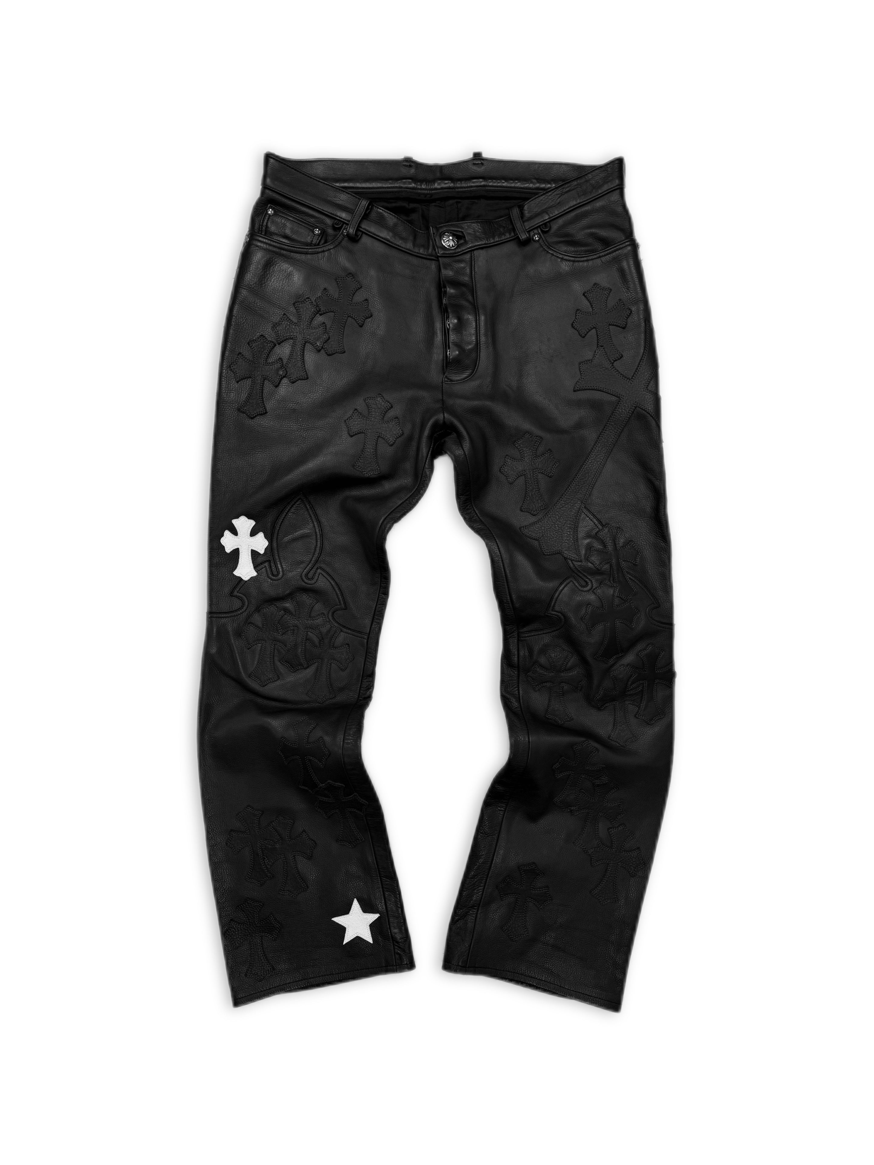 Chrome Hearts 48 Cross Star Patch Fleur Knee Leather Pants