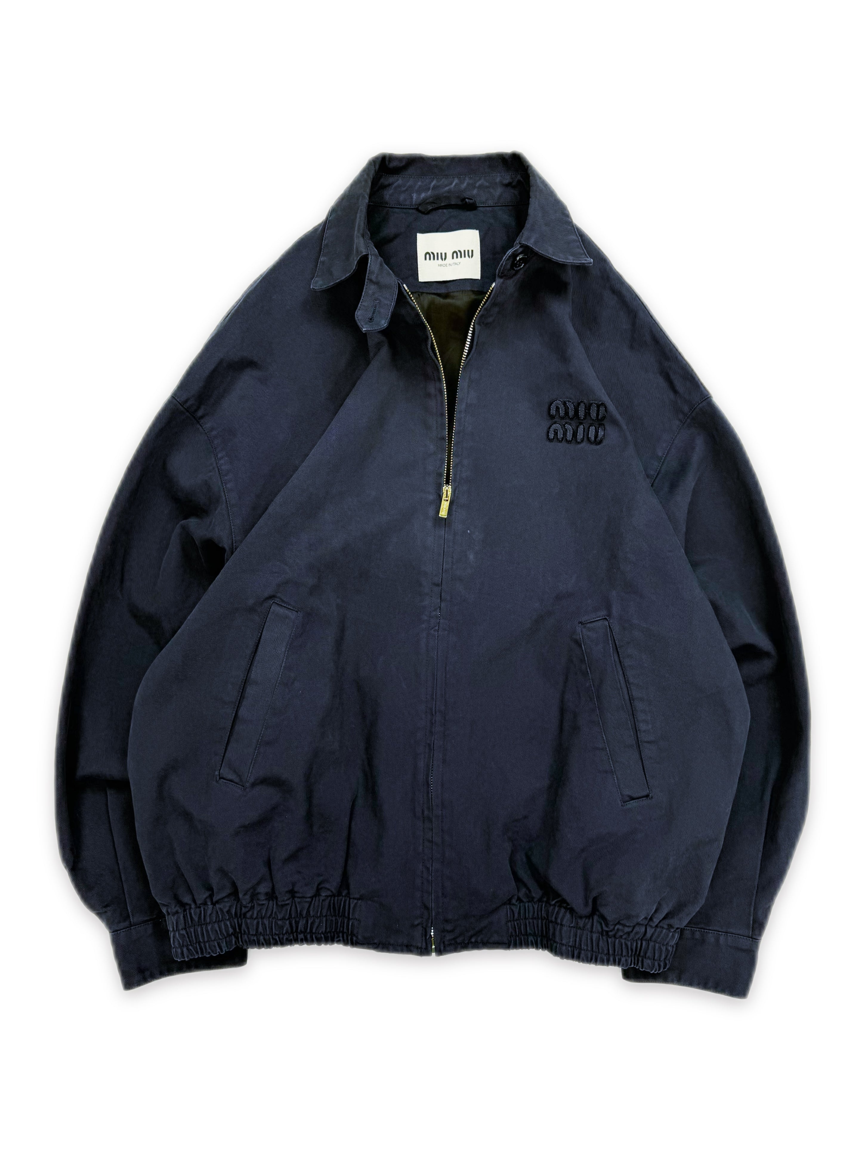 SS24 Miu Miu Embroidered Logo Dark Blue Bomber Jacket