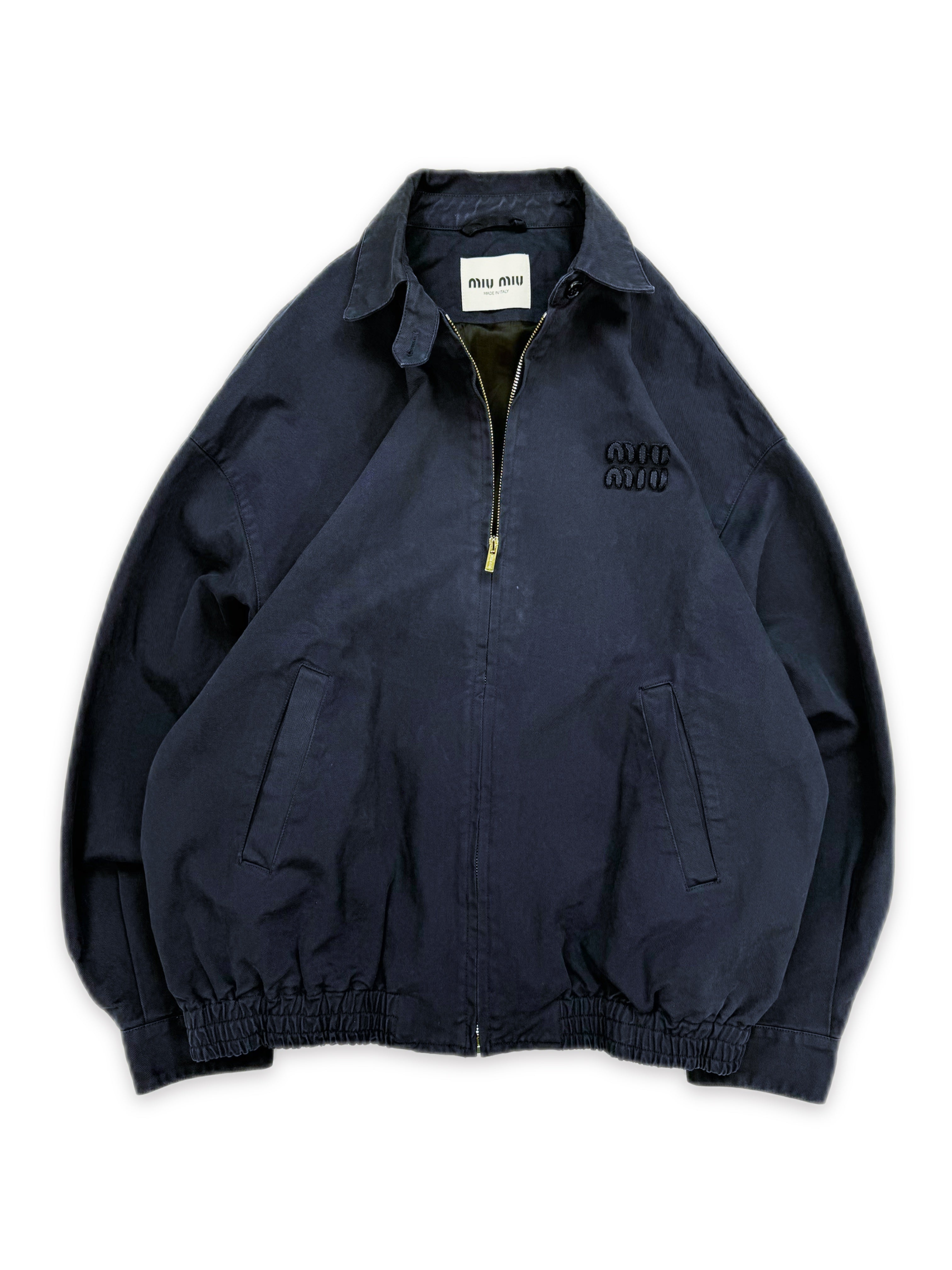 SS24 Miu Miu Embroidered Logo Dark Blue Bomber Jacket