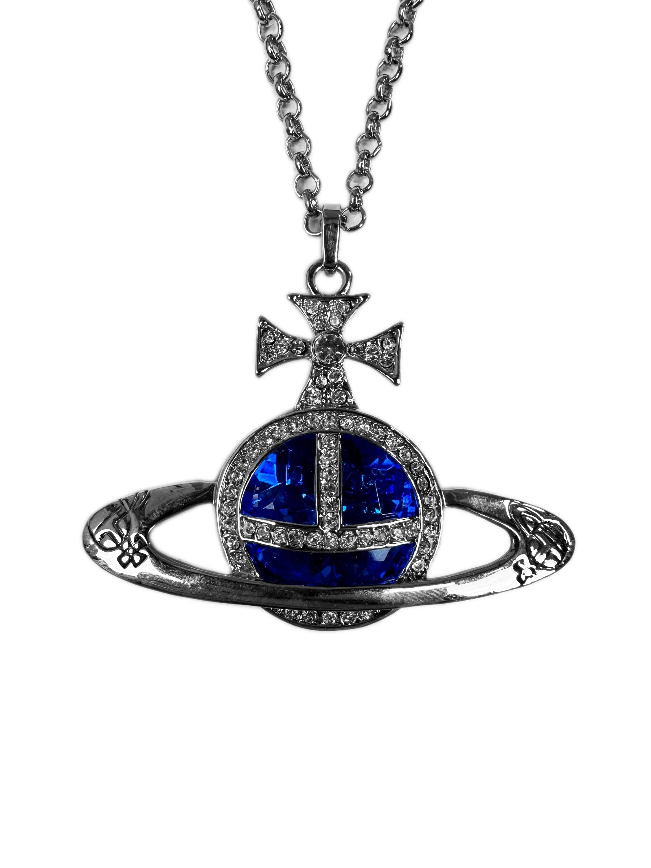 Vivienne Westwood ‘Orb’ Silver Big Pendant Blue Crystal Necklace