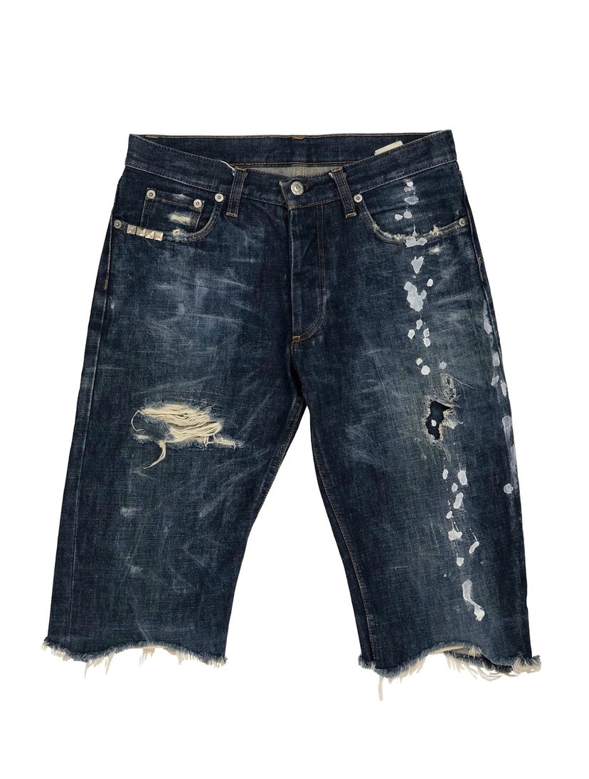 1998 Helmut Lang Distressed Paint Splatter Denim Shorts