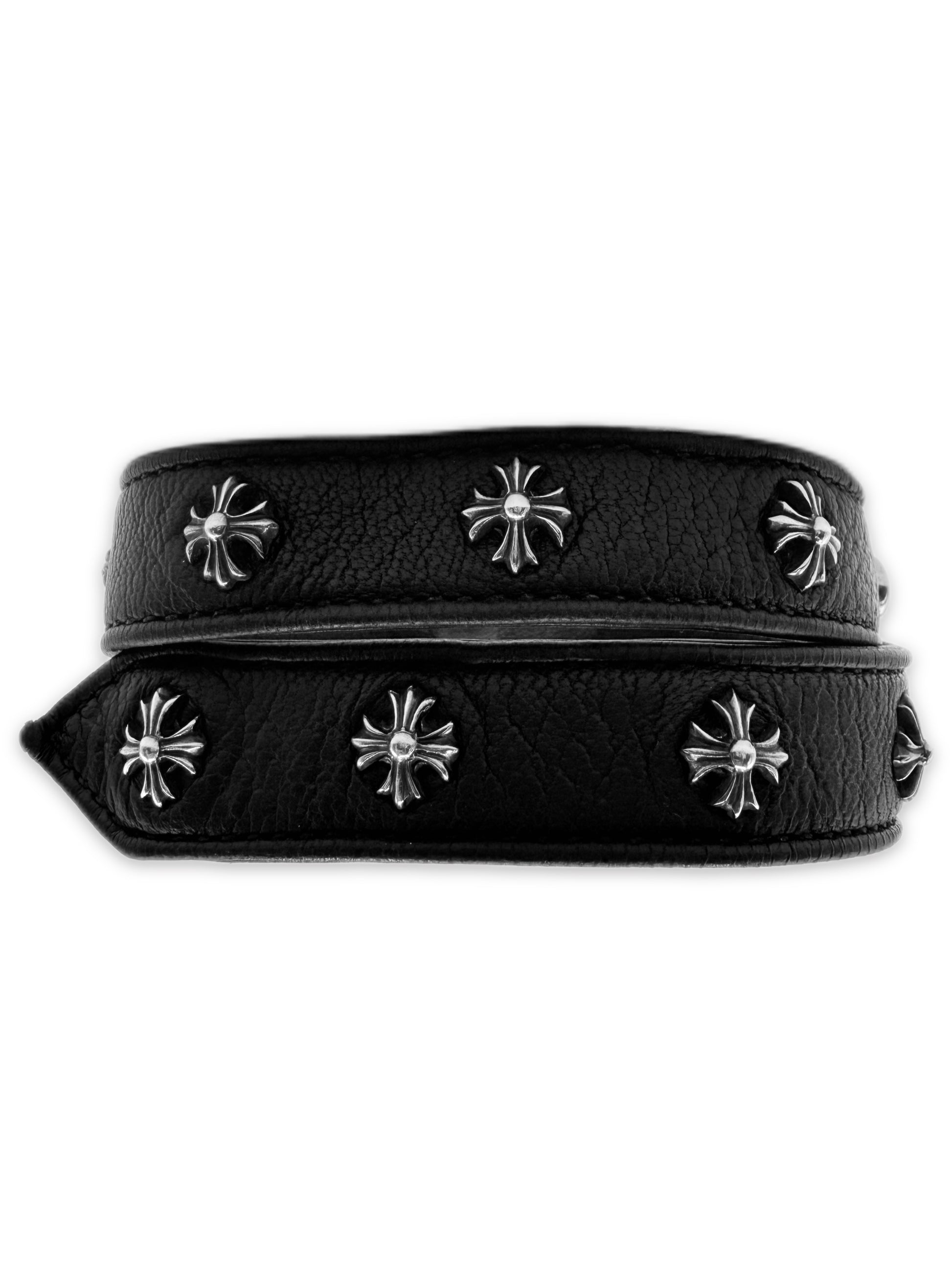 Chrome Hearts Double Wrap Plus Pendant Black Leather Snap Bracelet / Choker
