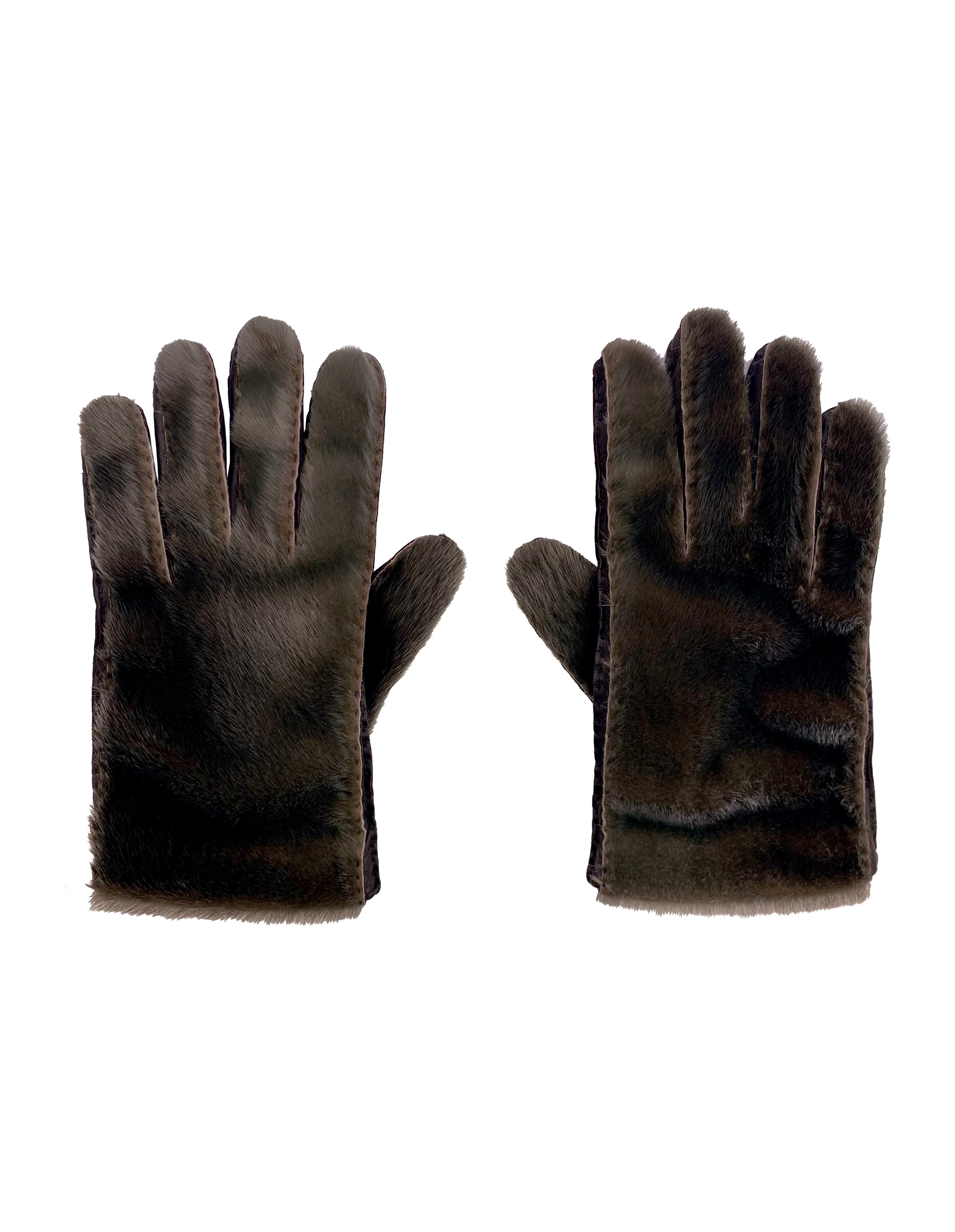SS17 Prada Seal Fur Brown Leather Gloves