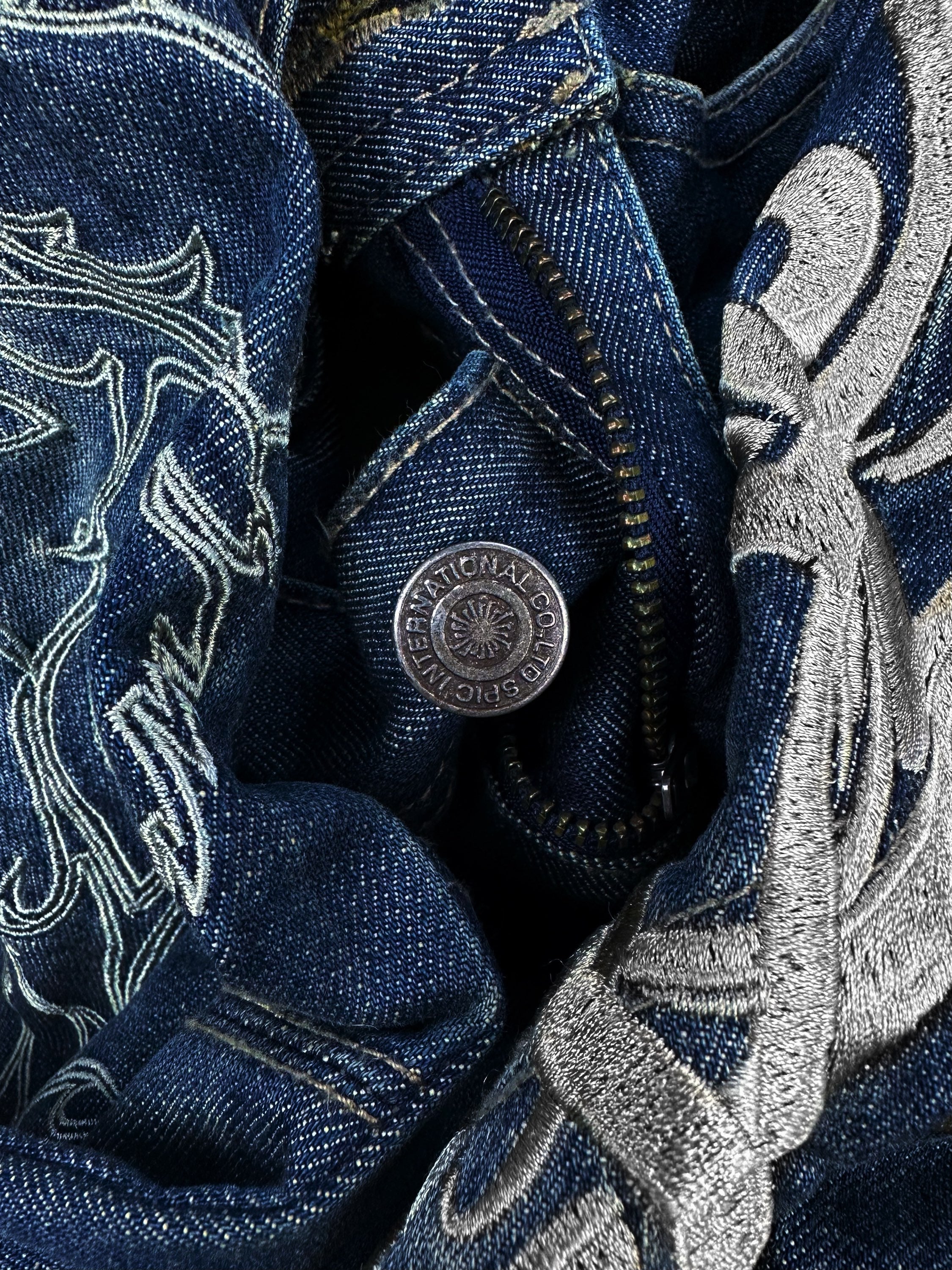 00S TORNADO MART 'SCYTHE' EMBROIDERED FLARE CUT WHISKERED DENIM