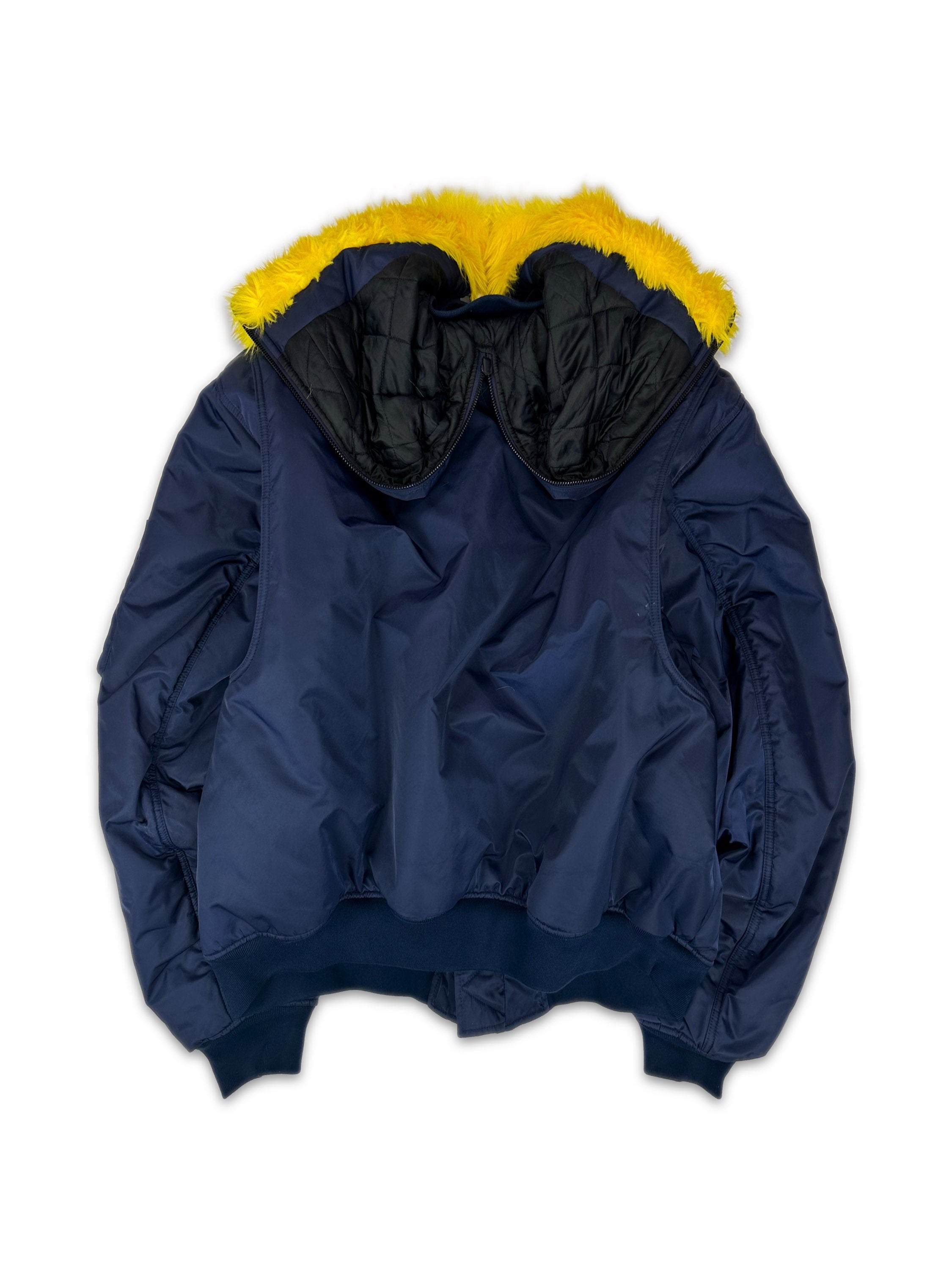 AW21 Balenciaga Faux Fur ‘Split Hood’ Blue Nylon Bomber Jacket