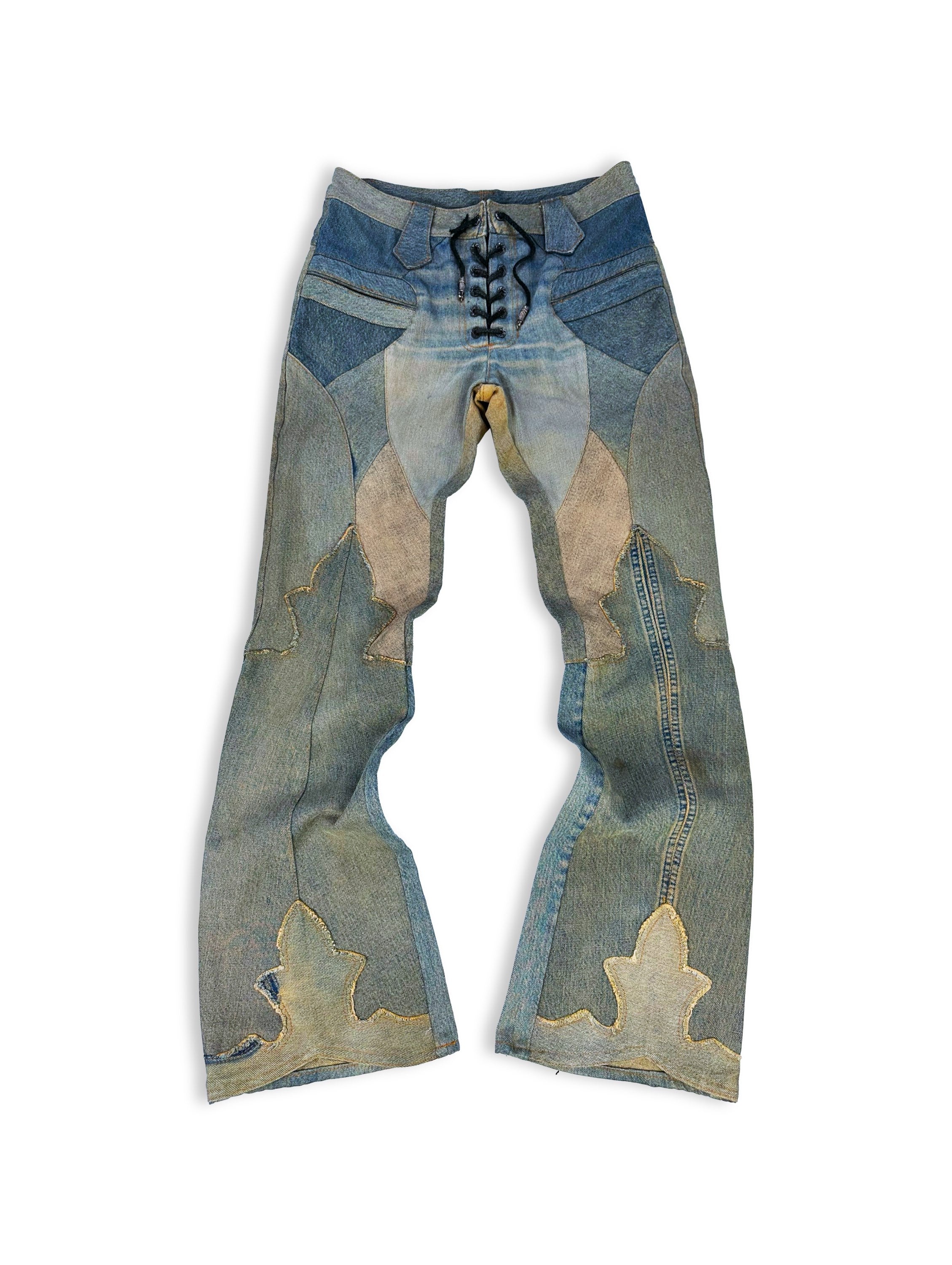 00s A&amp;G Rock ‘n Roll Couture ‘Floury Cross’ Laced Patchwork Denim