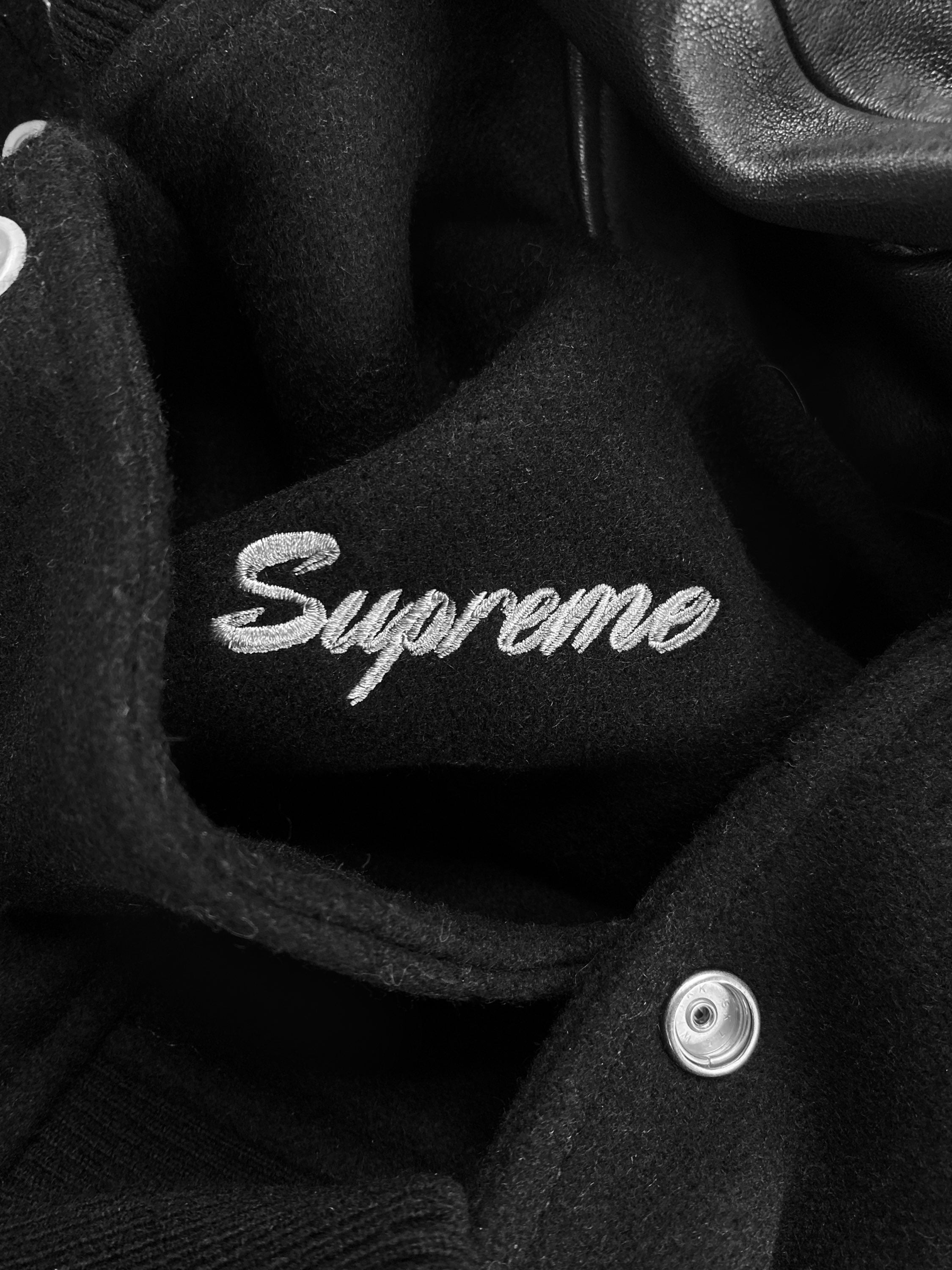 SS22 Supreme x Æon Flux ‘Blink Once’ Black Leather Varsity Jacket