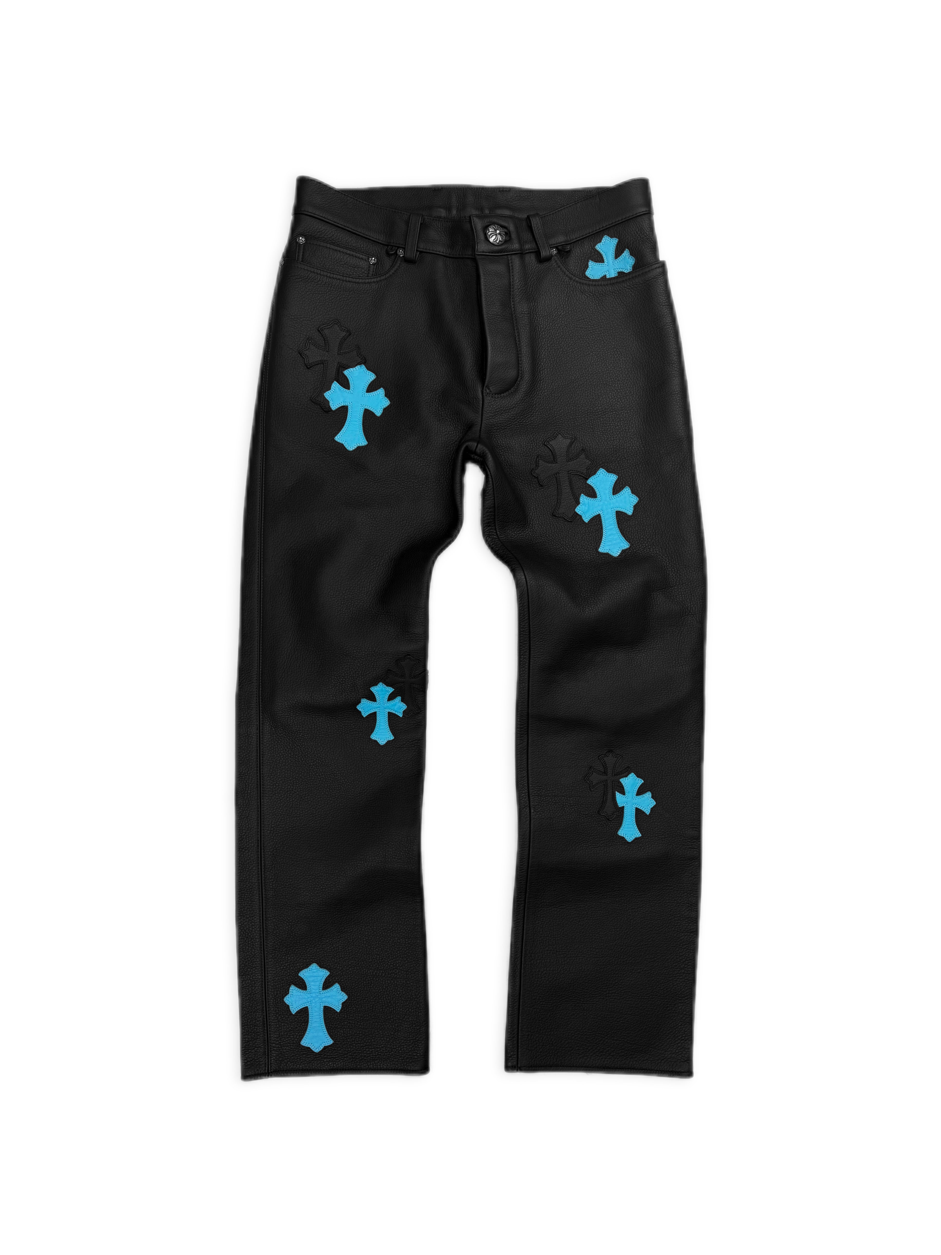 Chrome Hearts Baby Blue Cross Patch Leather Pants