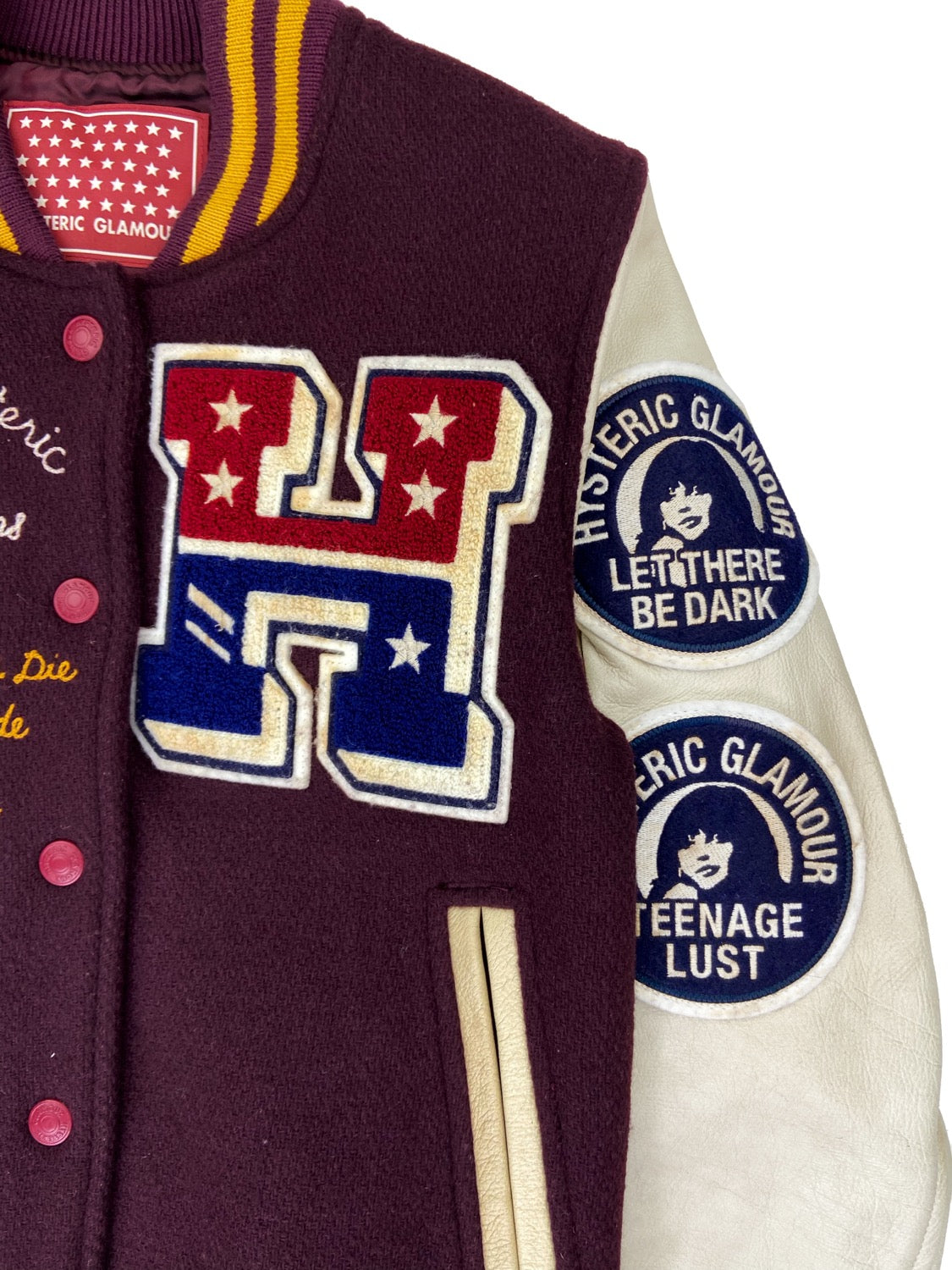 Hysteric Glamour “Detroit” Maroon Patched Leather Varsity Jacket