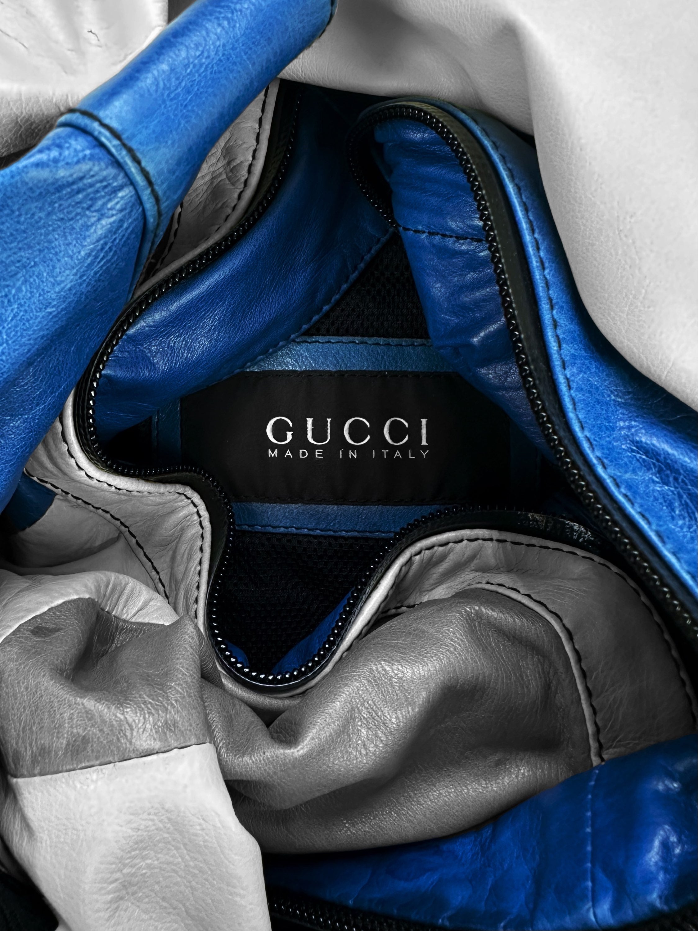 00s Gucci by Tom Ford ‘Panelled’ Blue Leather Biker Jacket