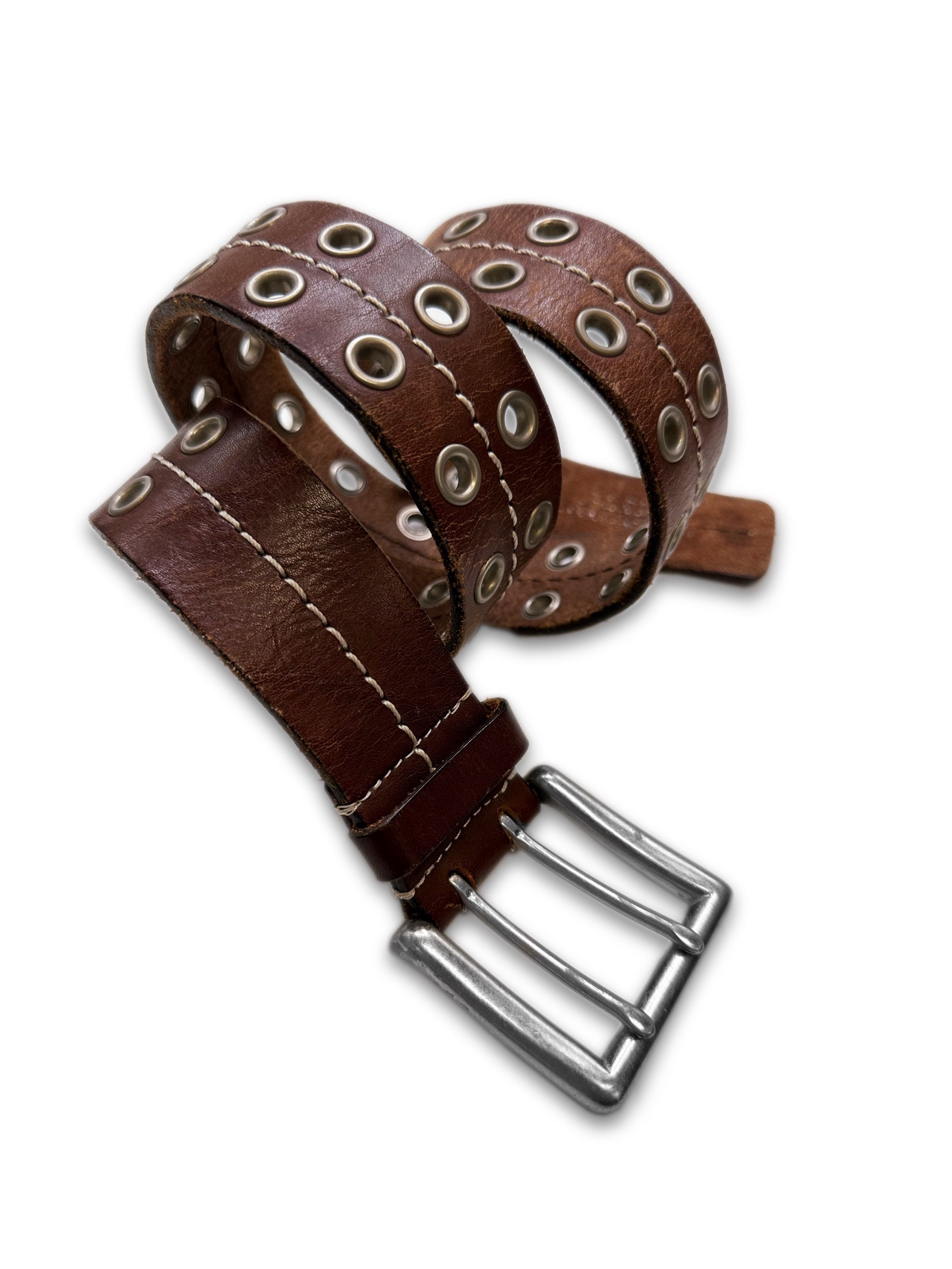 00s Tornado Mart ‘Eyelet’ Brown Leather Silver Buckle Belt
