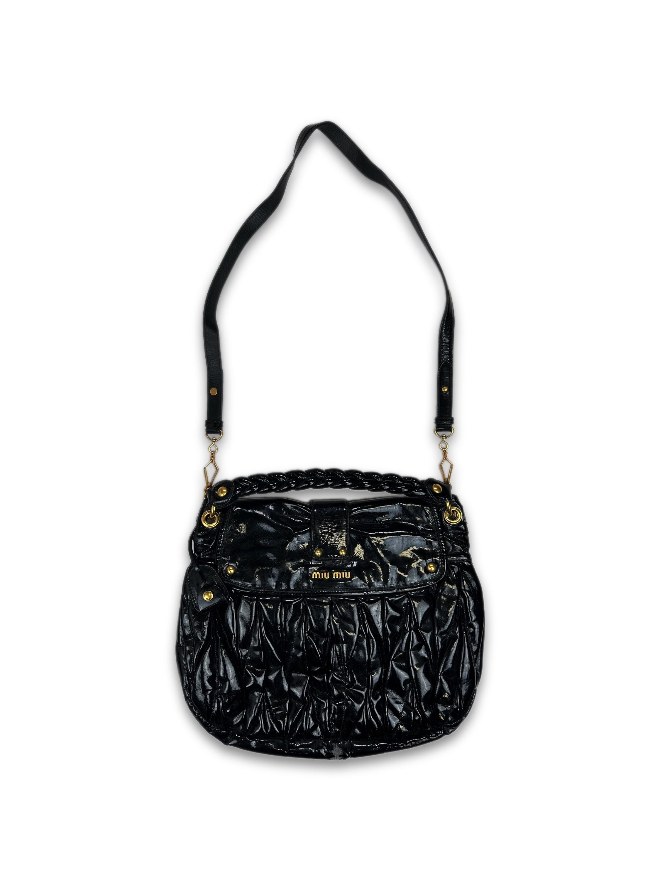 00s Miu Miu Black Patent Leather Gold Logo Side Bag