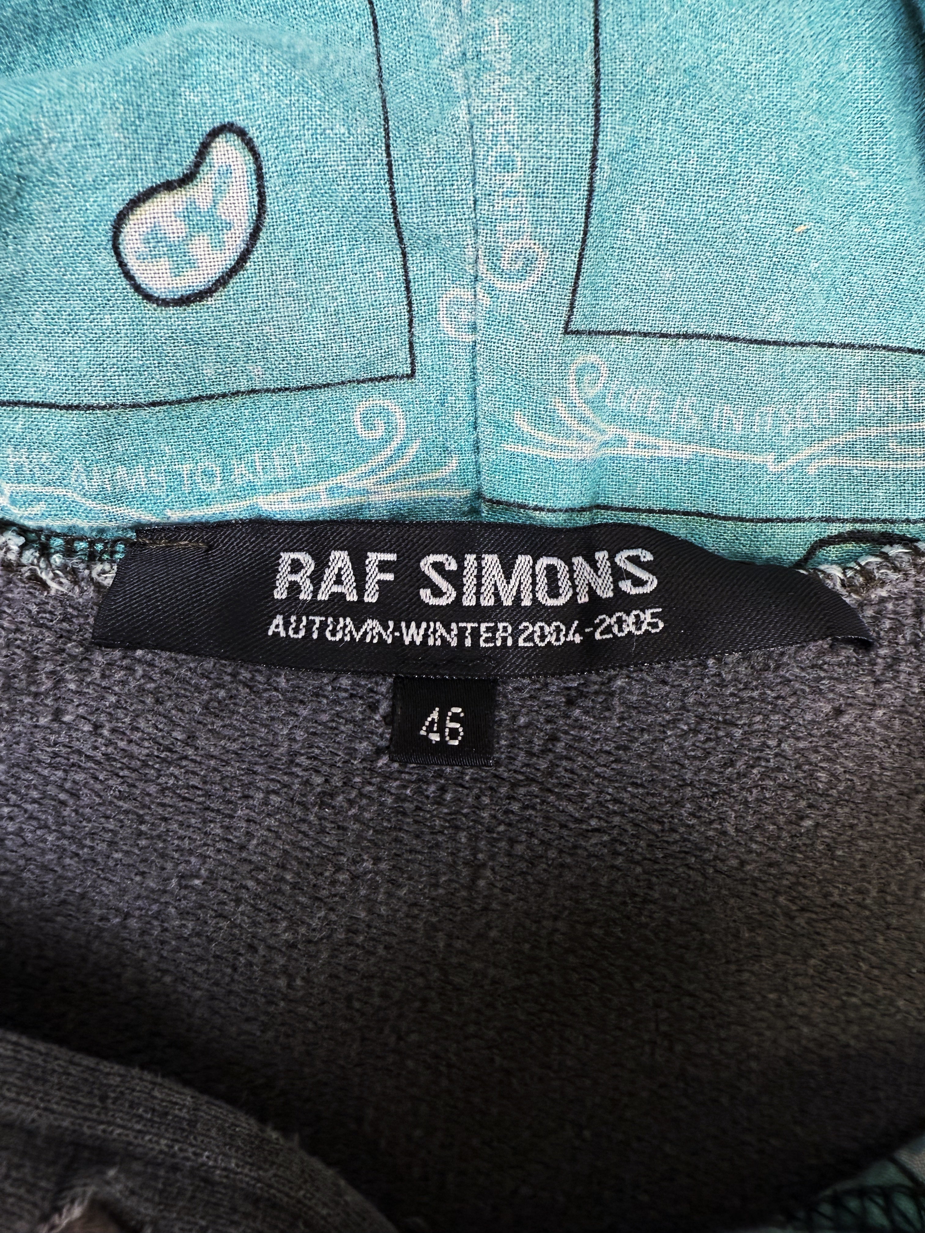 AW04 Raf Simons ‘Waves’ Paisley Hood Charcoal Grey Faded Hoodie