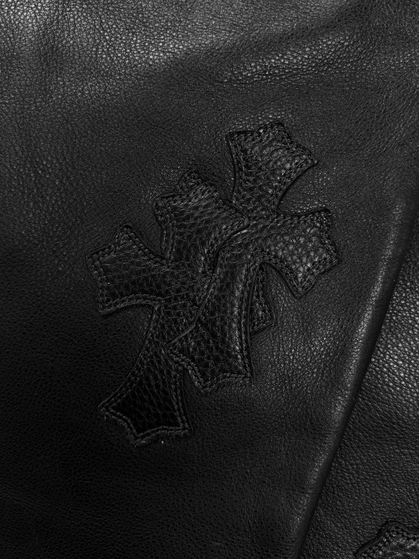Chrome Hearts Red 20 Cross Patch Fleur Knee Black Leather Pants