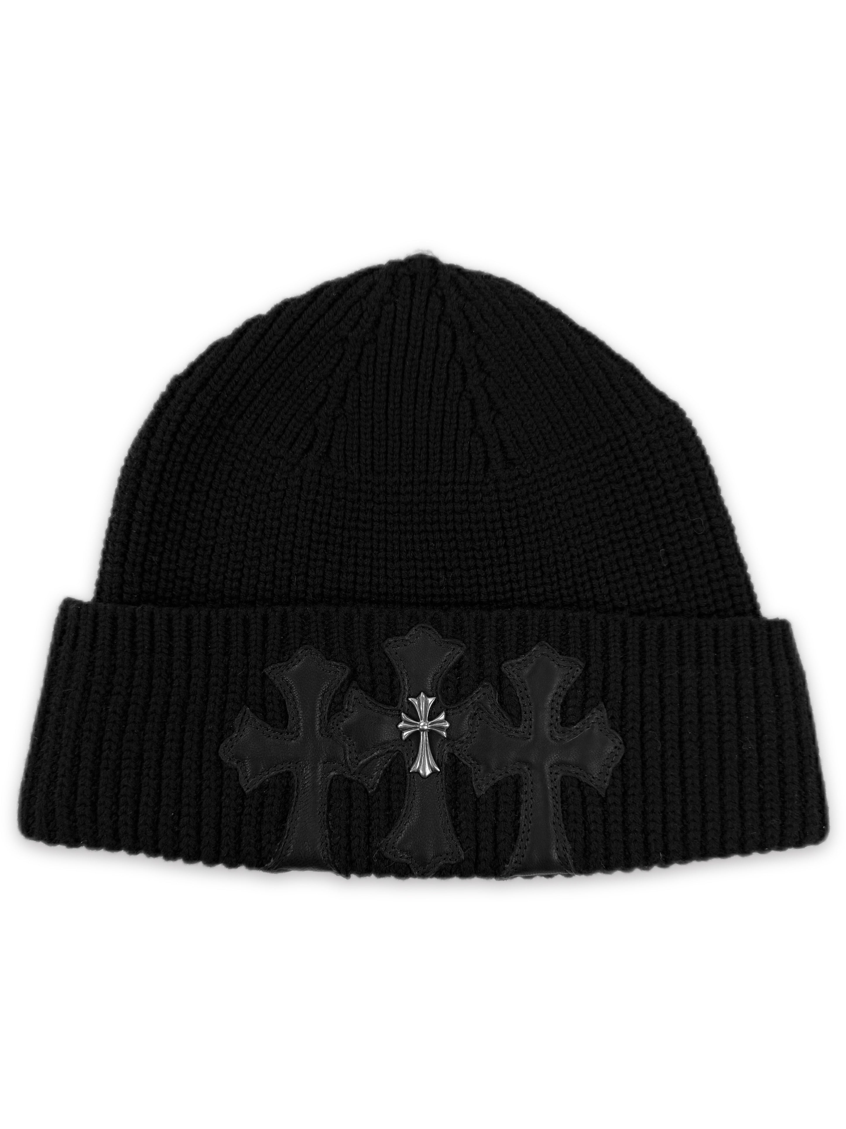 Chrome Hearts Triple Leather Cross Patch Silver Pendant Ribbed Black Beanie