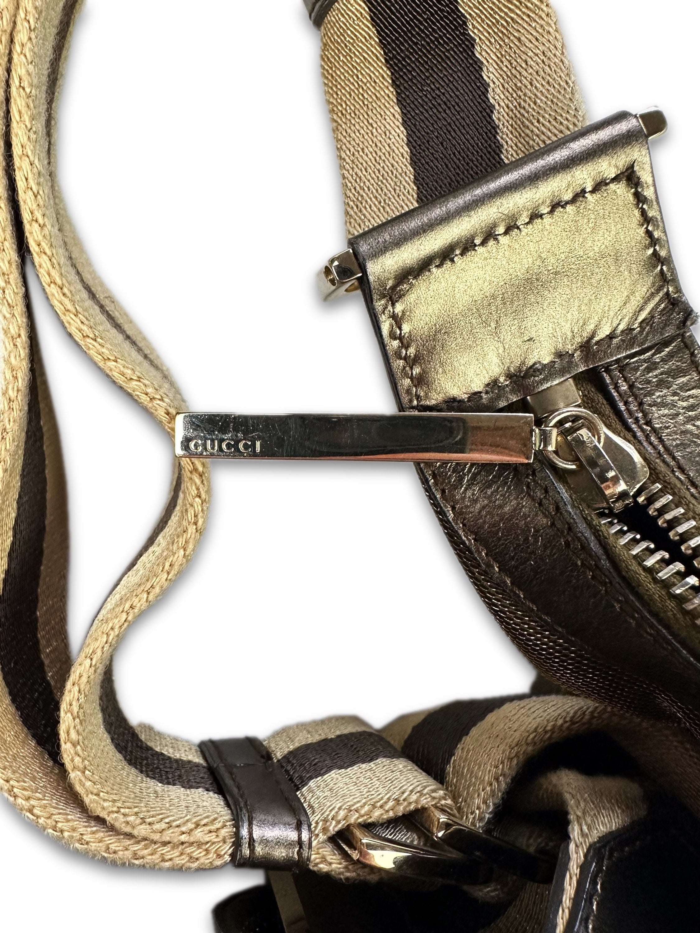 00s Gucci Olive Green Nylon Striped Hand Bag