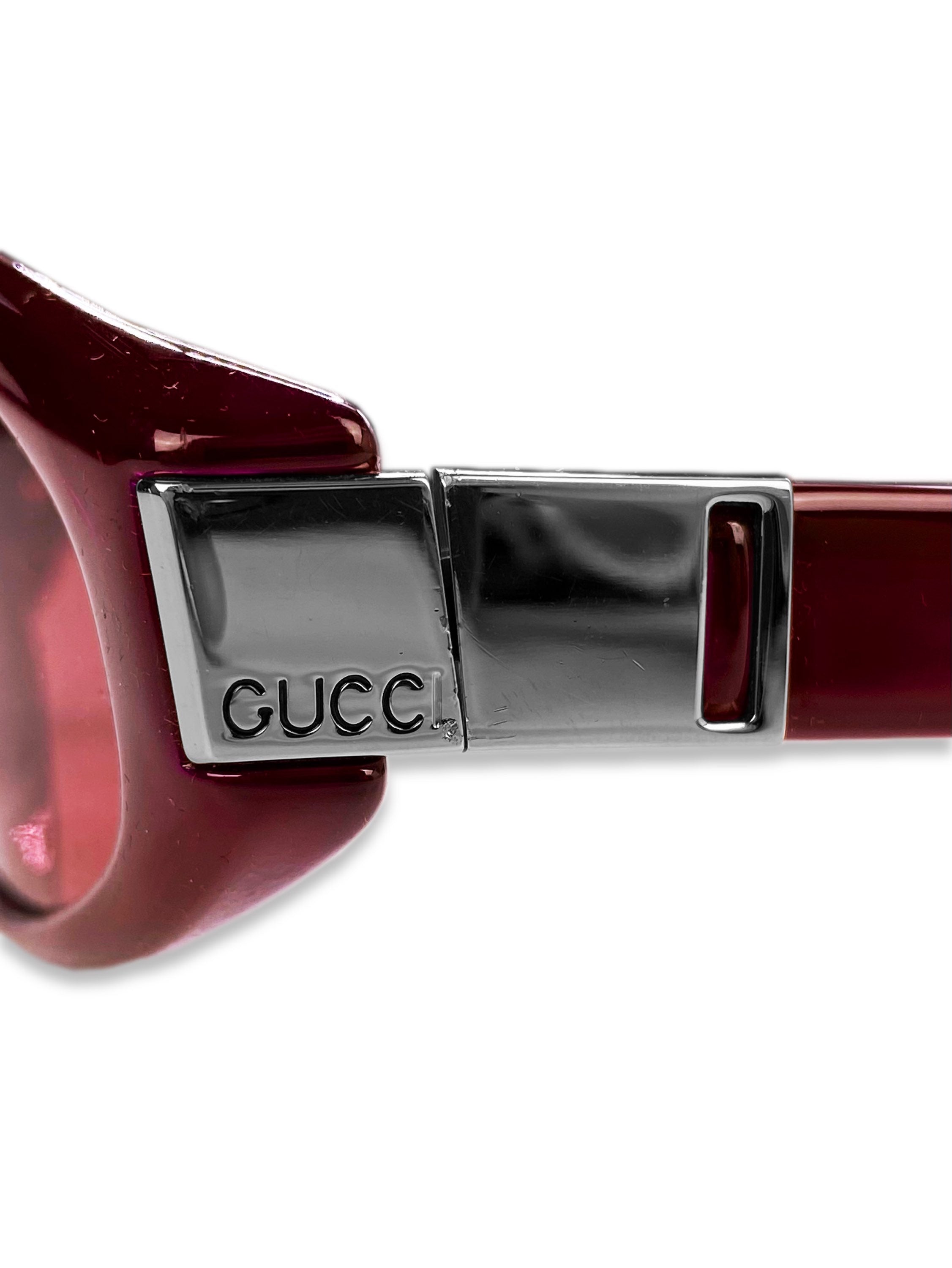 Gucci Blood Red Oval Frame Metallic Etched Rose Tint Sunglasses