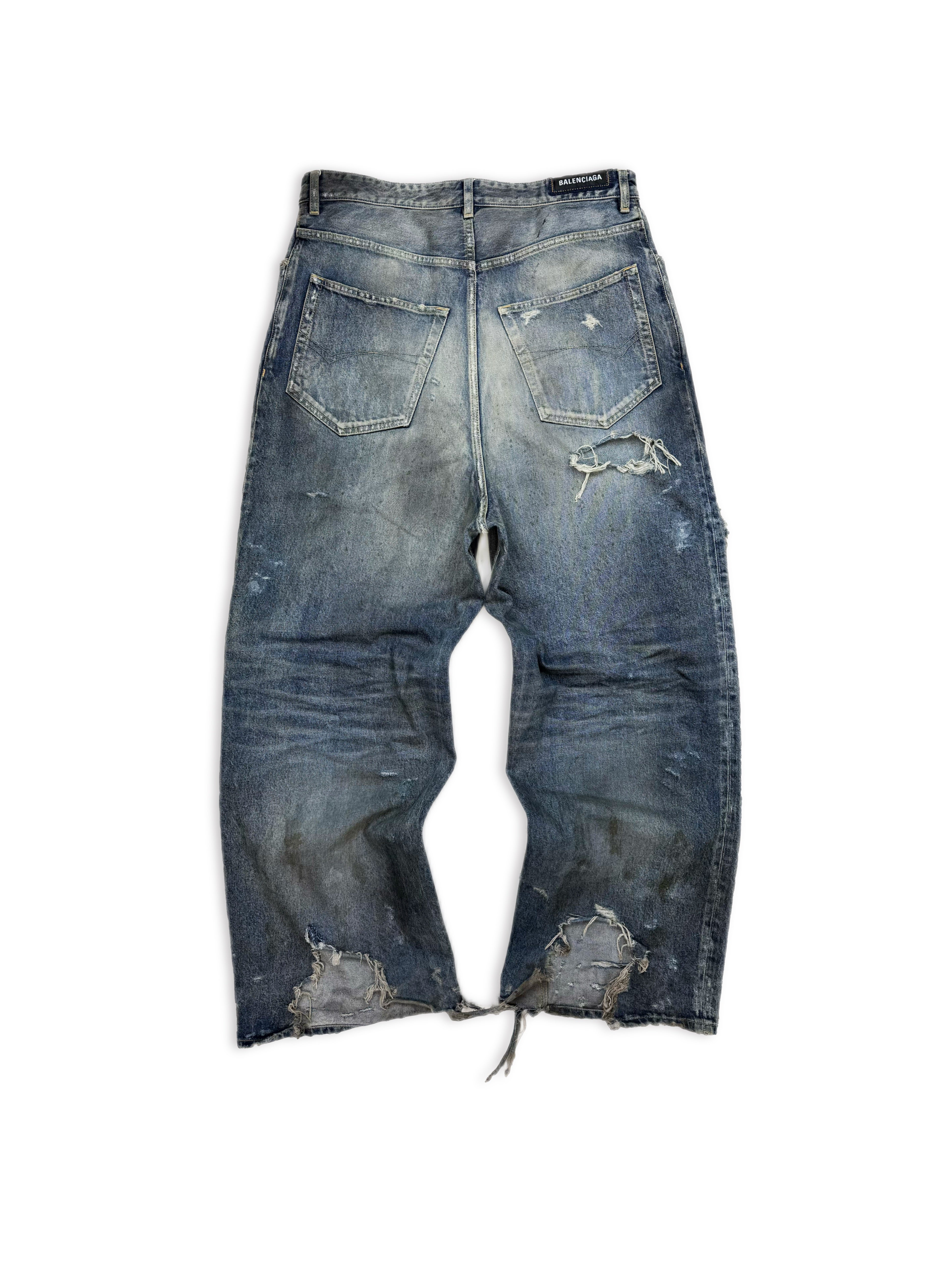 SS23 Balenciaga Mud Show Baggy Distressed Blue Washed Denim