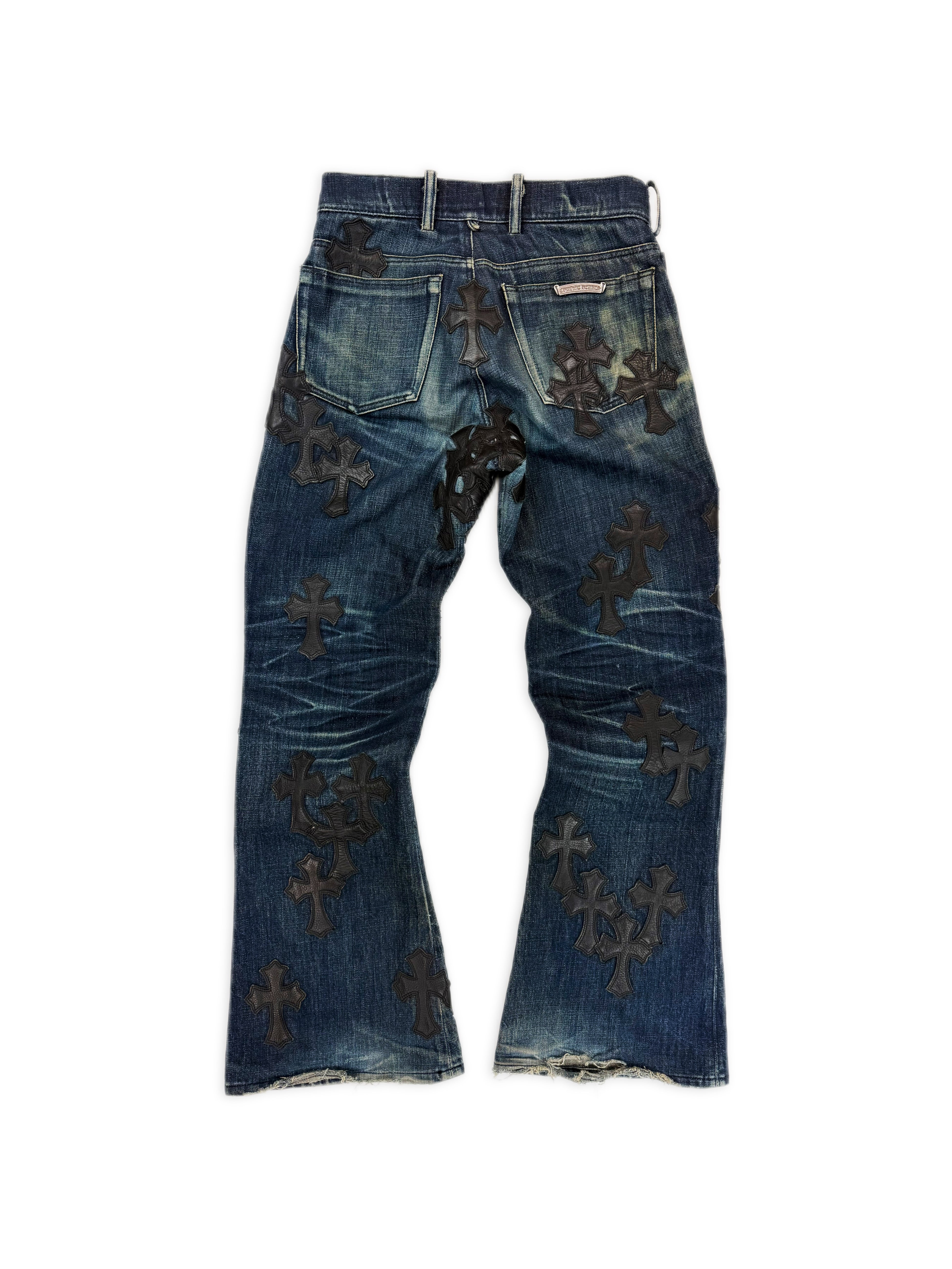 Chrome Hearts Flooded 50 Cross Patch Fleur Knee Blue Washed Denim Jeans