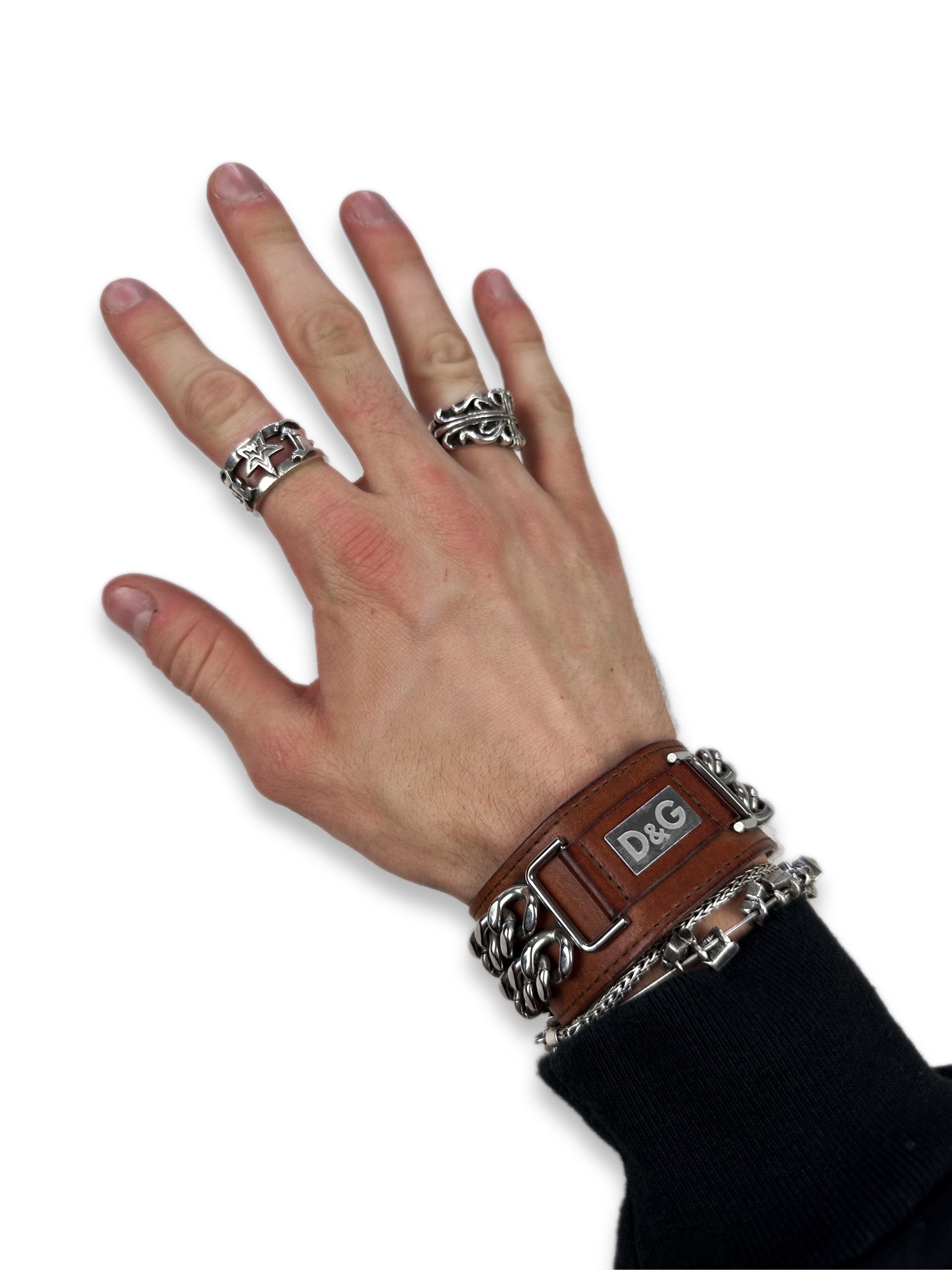 00s Dolce & Gabbana Leather Chain Link Silver Cuff Bracelet