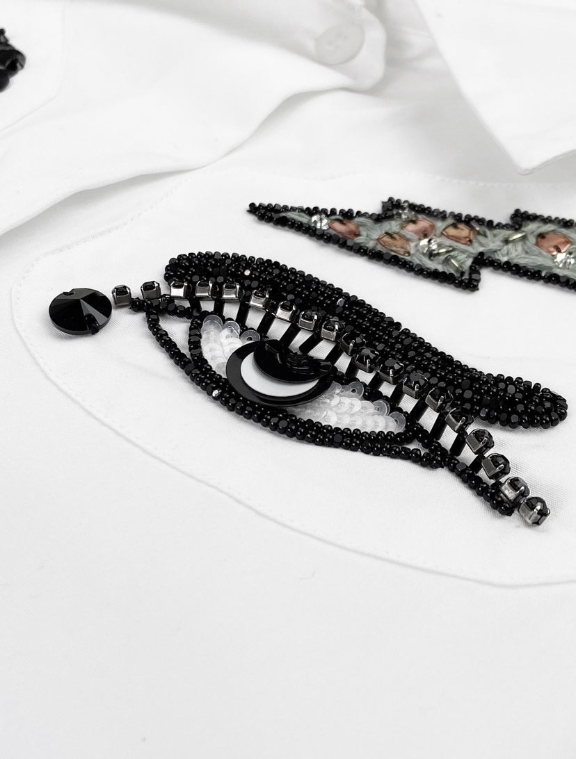 SS15 Miu Miu 3D Beaded Eyes Dagger Collar Patched Button Up